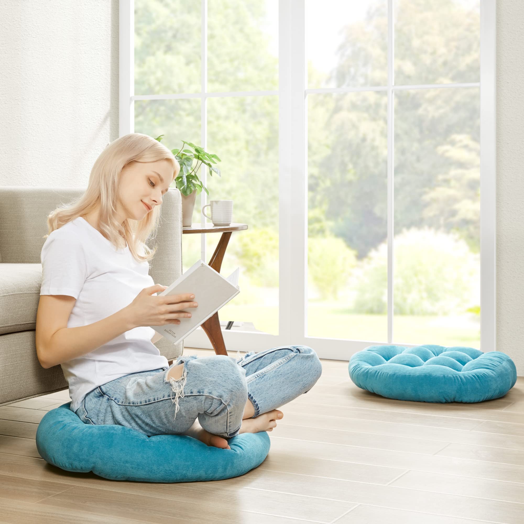 Meditation Floor Pillow Set Of 2, Round Large Pillows Seating For Adults, Tufted Corduroy Thick Cushion For Living Room Tatami, Turquoise, 22 Inch'2 Count (Pack Of 1)