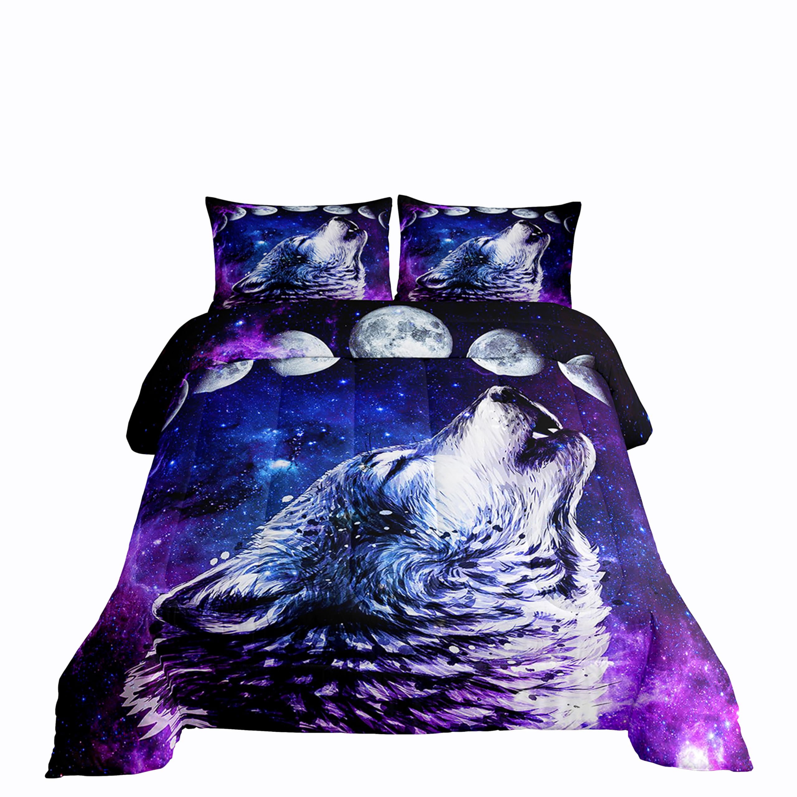 Erosebridal Howling Wolf Down Comforter Blue Purple Starry Sky Bedding Set Twin Size,Galaxy Series Comforter Set For Child Teens