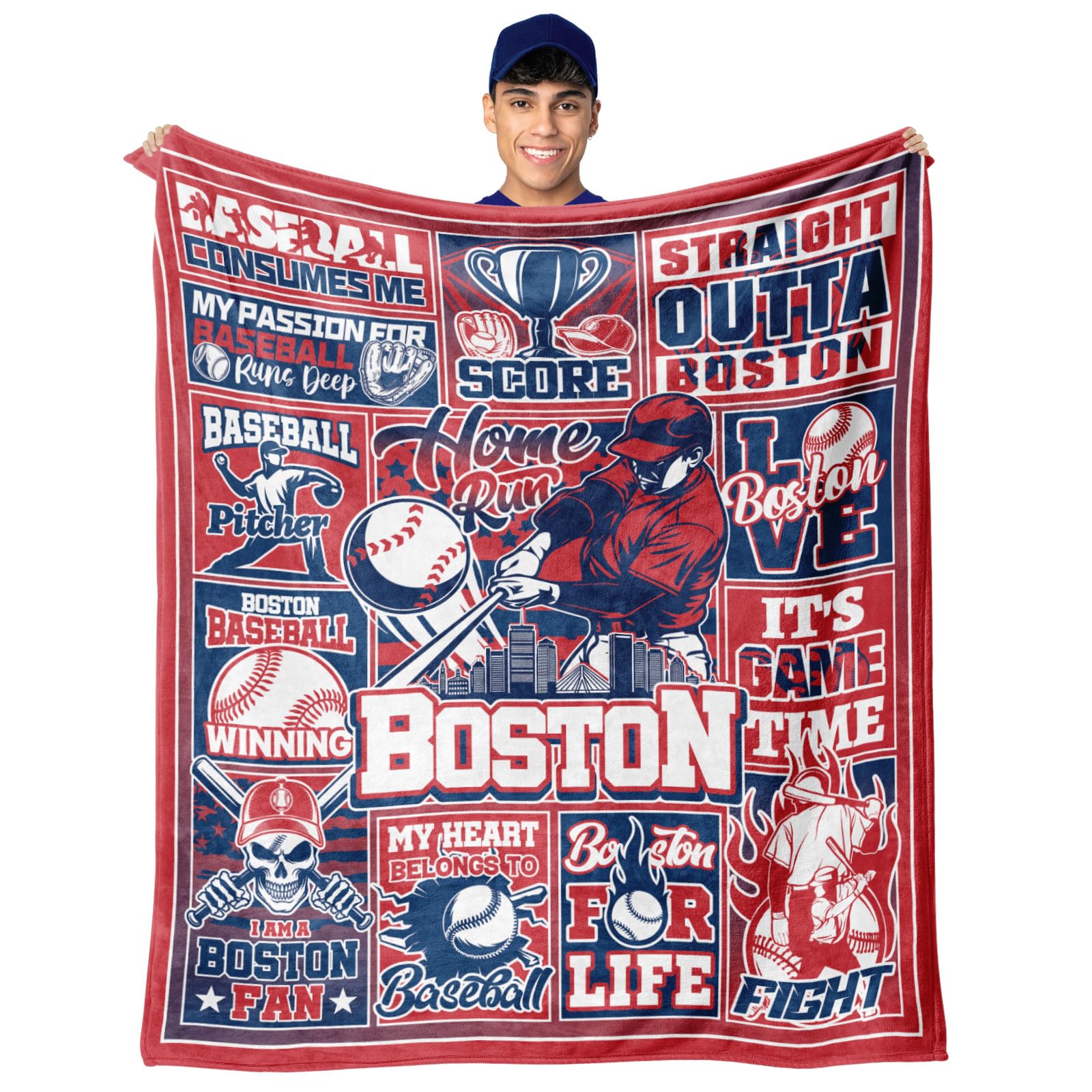 Blankets for Boston, Team Color Throws Blanket for Gift, Gifts for Men Women Baseball Lovers, Lightweight Soft Flannel Baseball 