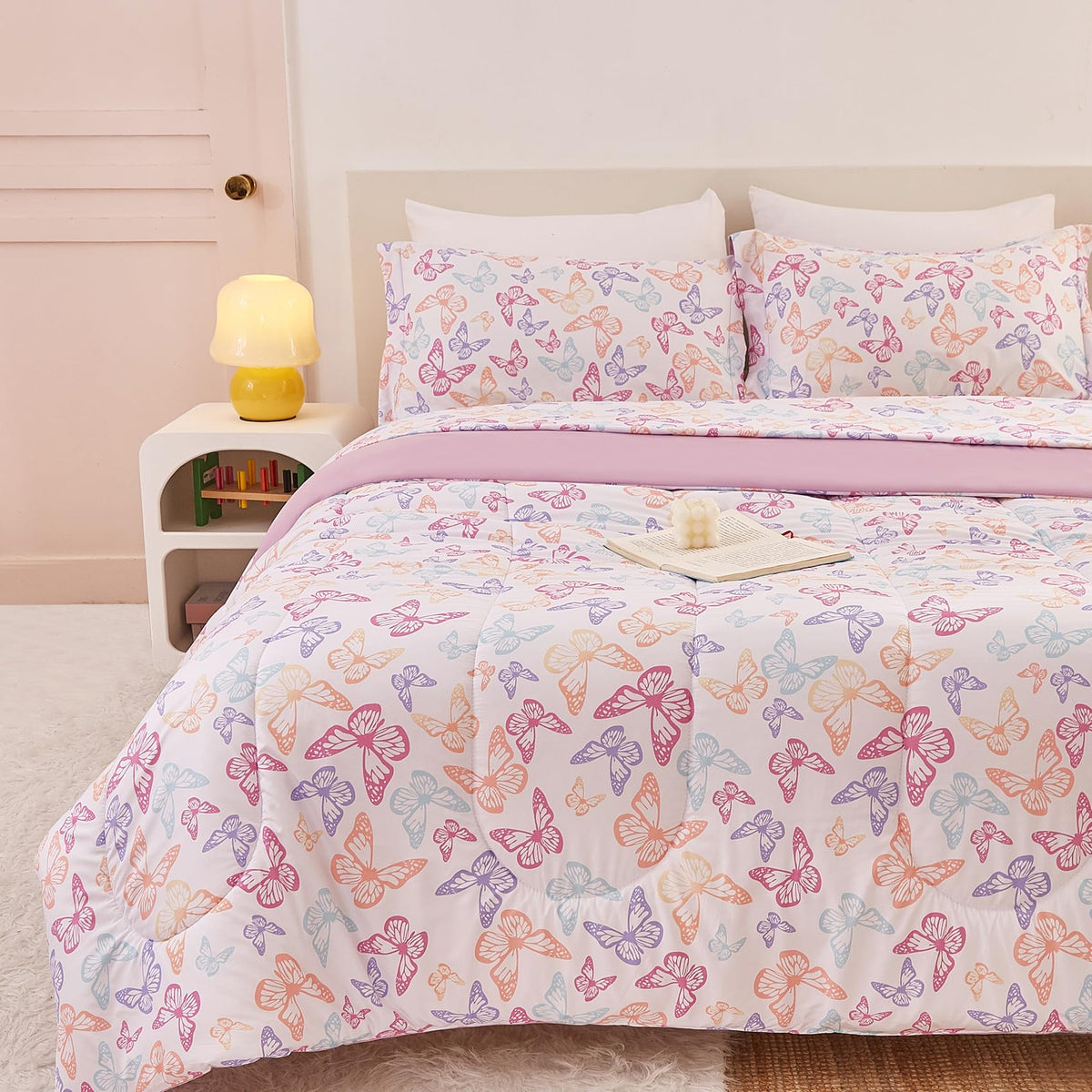 Yibeizi Butterfly Kids Comforter Set For Girls Twin, Cute Reversible Quilted Lavender Printed Bedding Set With Pillow Sham, Ligh