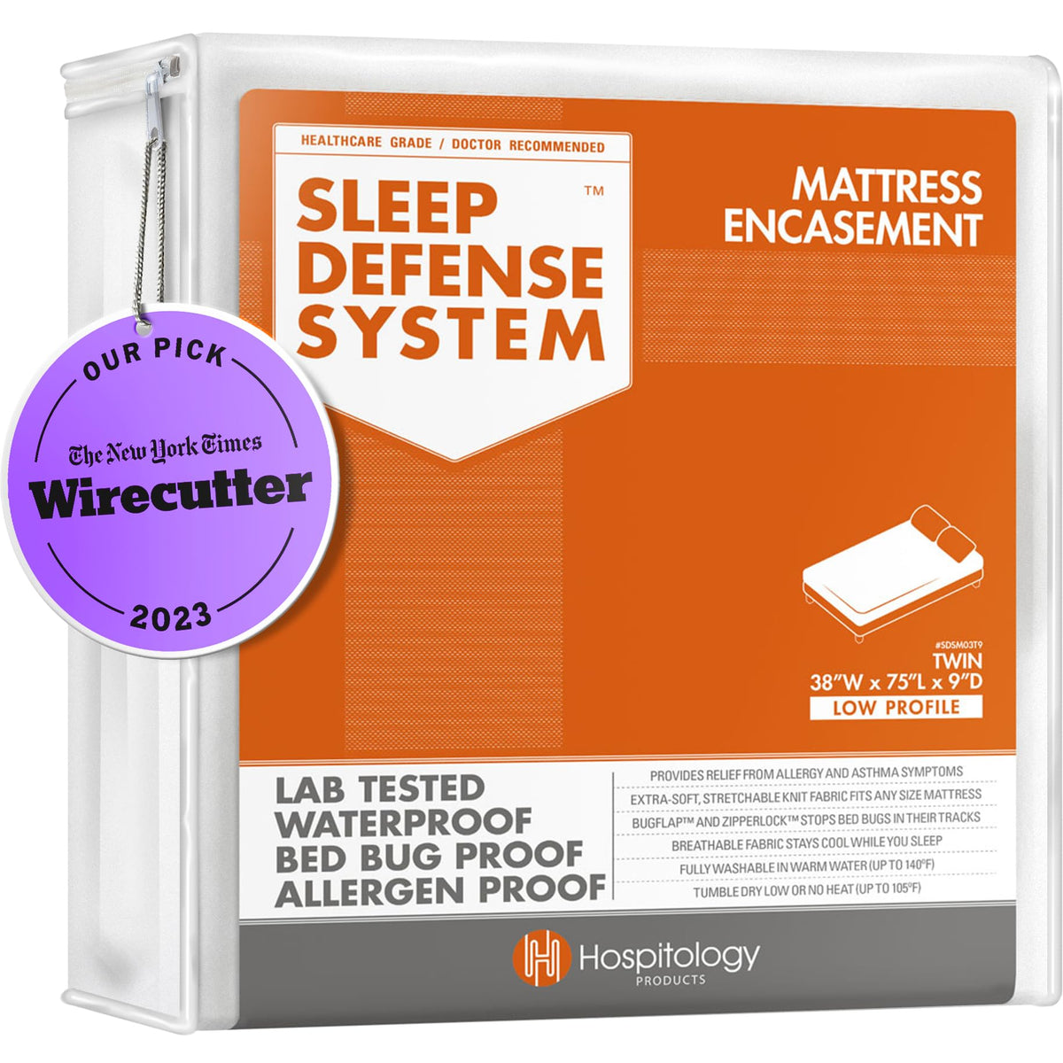Hospitology Products Zippered Mattress Encasement - Sleep Defense System - Twin - Waterproof - Stretchable - Low Profile 9' Dep