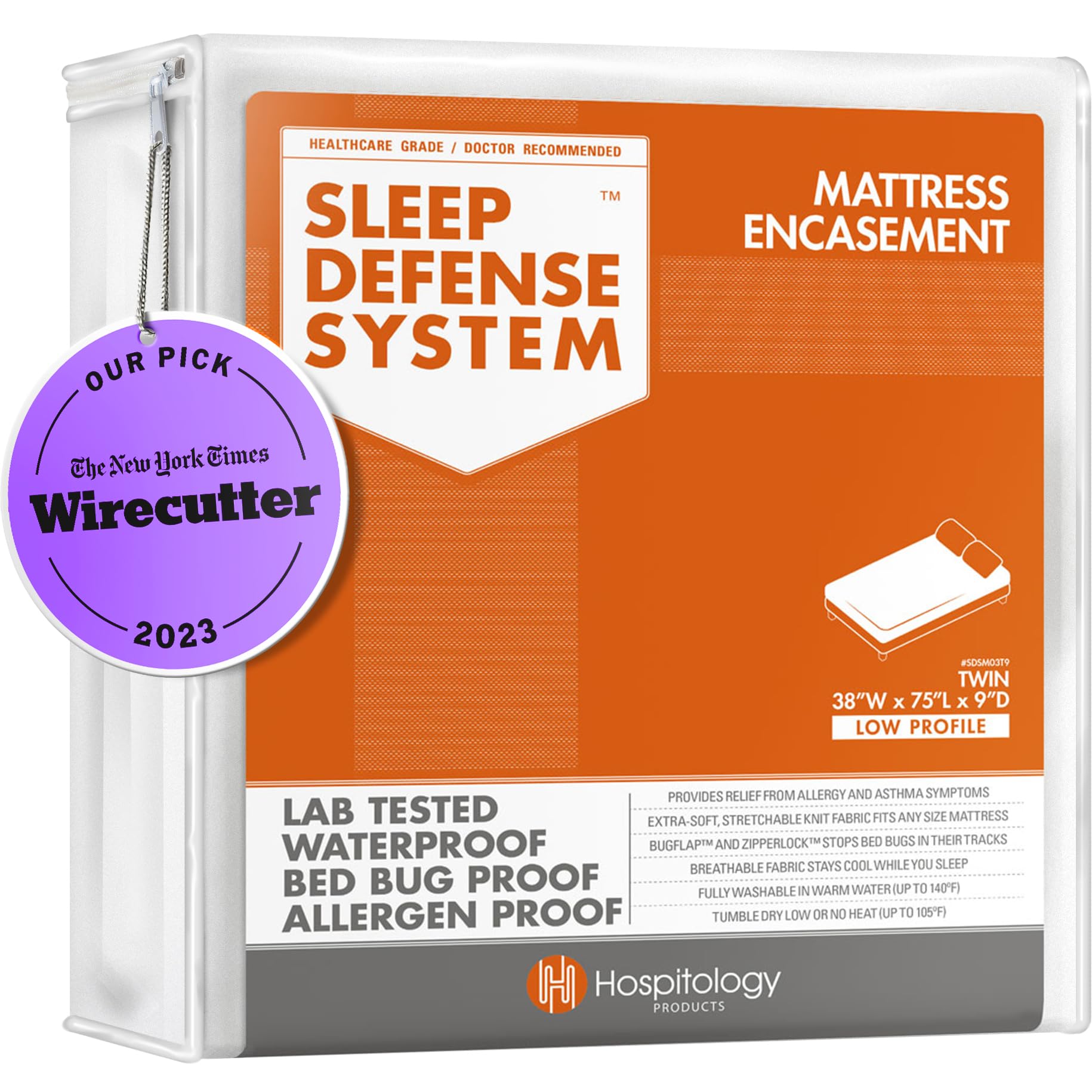 Hospitology Products Zippered Mattress Encasement - Sleep Defense System - Twin - Waterproof - Stretchable - Low Profile 9' Dep