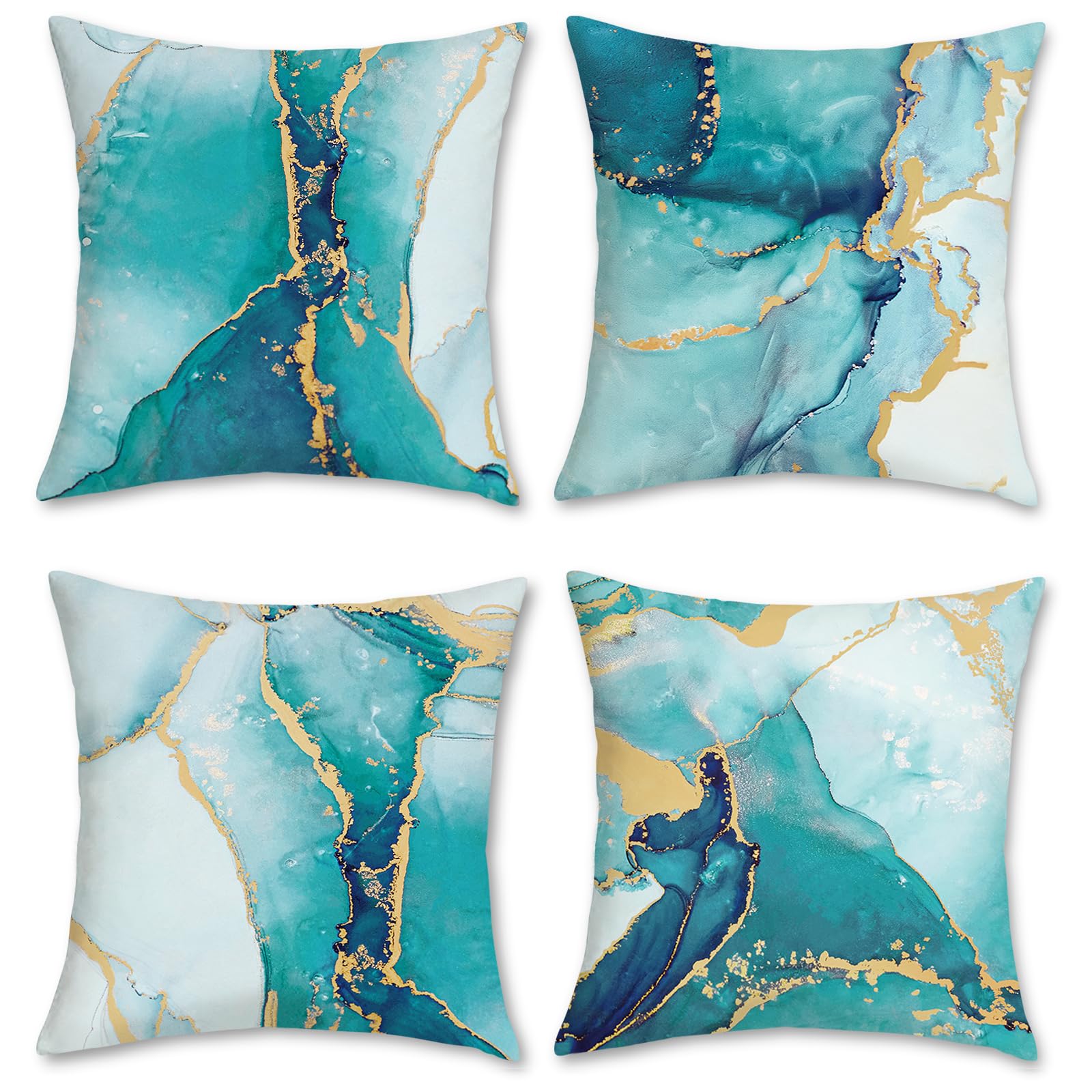 Bonhause Turquoise Marble Throw Pillow Covers 18X18 Inch Set Of 4 Two-Sided Teal Gold Abstract Art Modern Decorative Pillows Cas