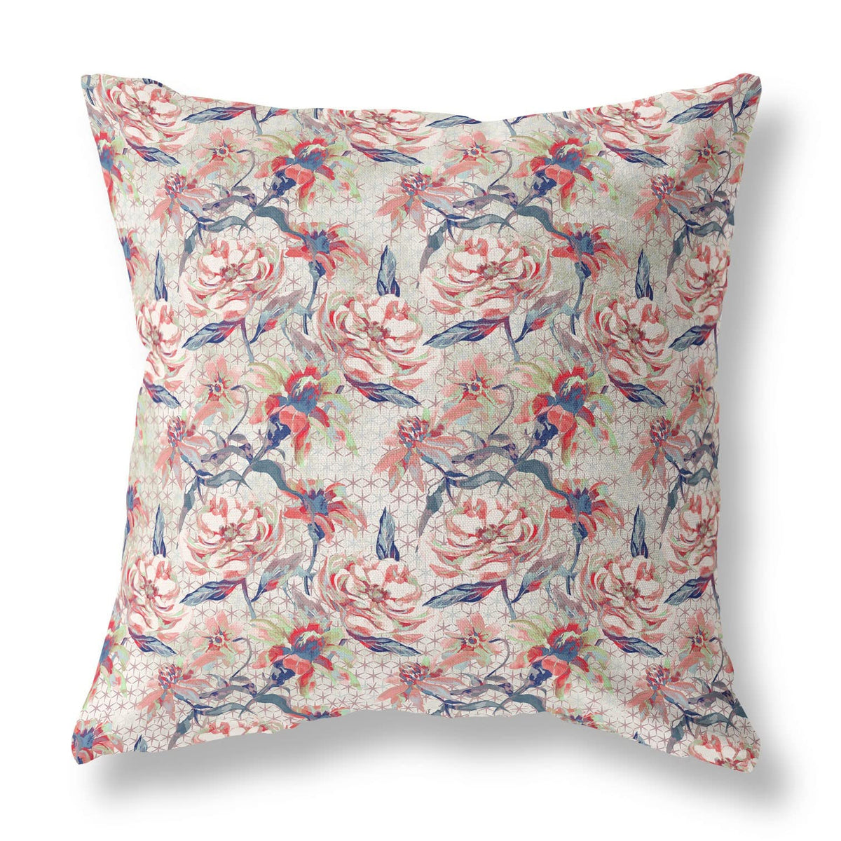 HomeRoots Red Light Green Indigo Broadcloth 16â€ Red Light Indigo Roses Indoor Outdoor Throw Pillow