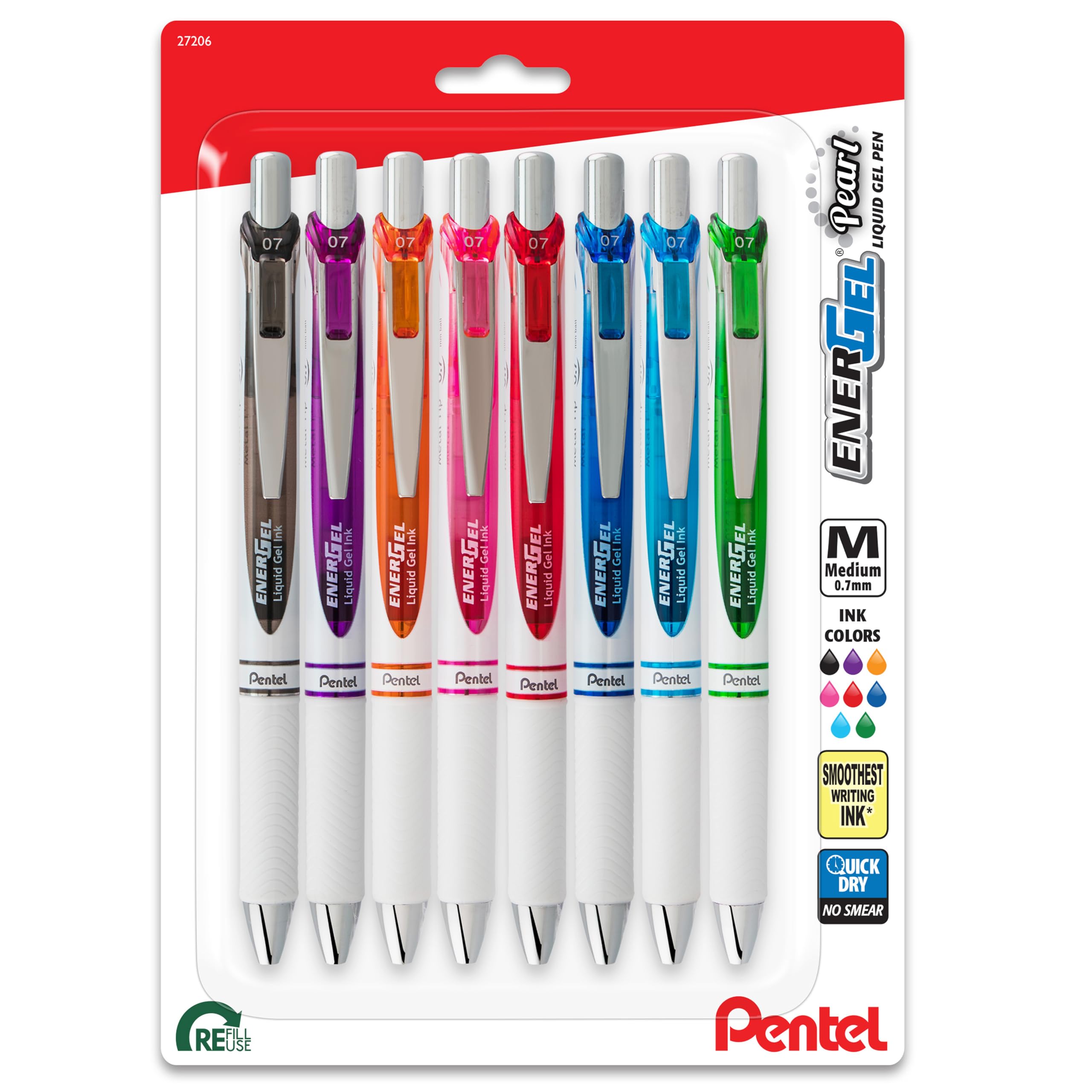 Pentel Energel Pearl Retractable Liquid Gel Pen, (0.7Mm), Medium Line, Assorted Ink, Pack Of 8 (Bl77Wbps8M)