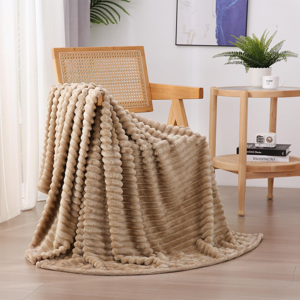 Linecooo Tan Fleece Throw Blanket 50     60    For Couch Sofa Bed,Super Soft Cozy Plush Microfiber Flannel Blanket With Stripes