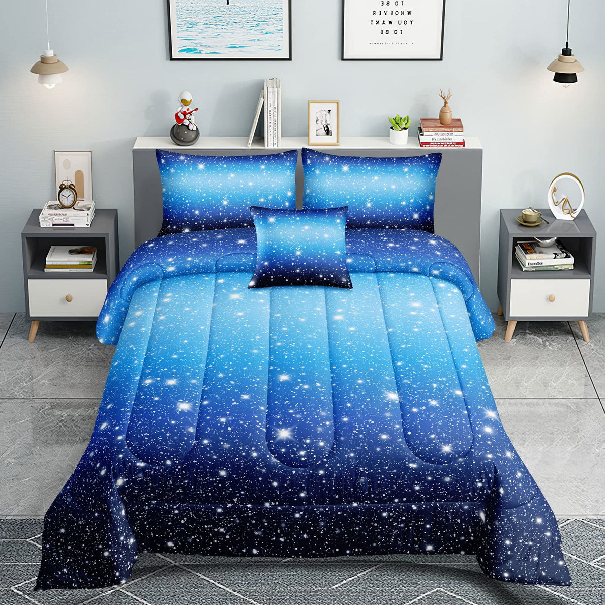 Rowadalo 6 Pieces Blue Gradient Glitter Sparkles Comforter Set Full Size,Galaxy Starry Sky Bedding Sets 6 Pcs Bed In A Bag For K