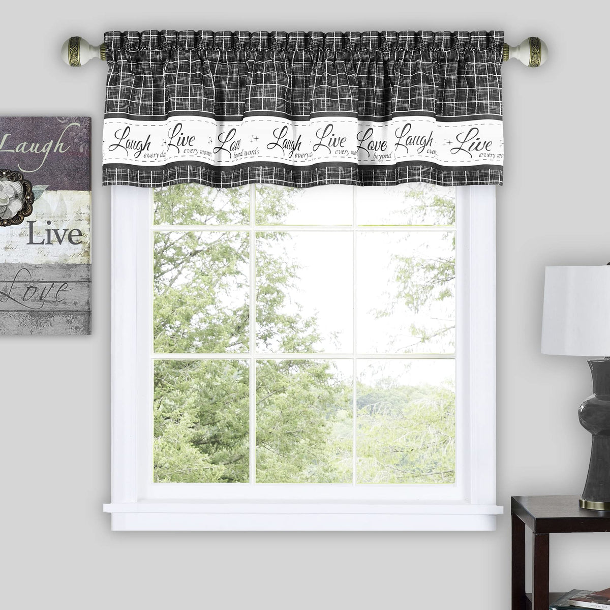 Soft Valance Window Curtains  58 Inch Width, 14 Inch Length  Live, Love Laugh (Charcoal)  Wrinklefree Light Filtering Polyes