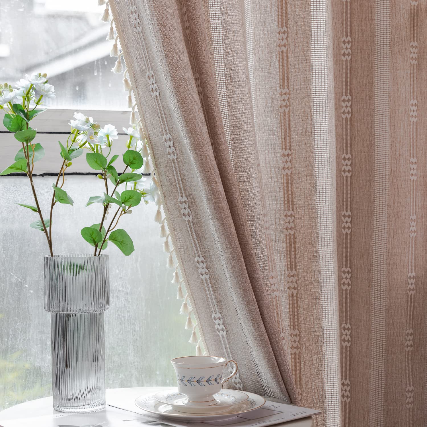 Deeprove Boho Curtains 84 Inches Long For Bedroom, Taupe Cotton Linen White Stripes Embroidery Chic Hollow Geometric, Semi Black