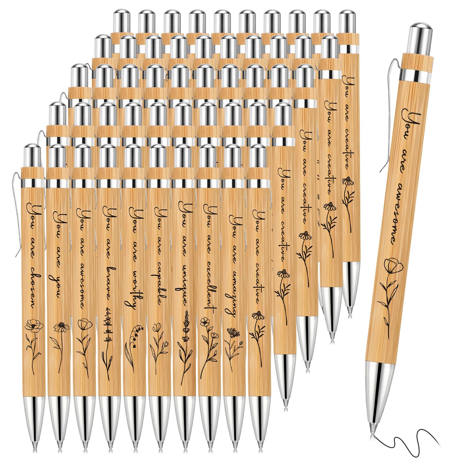 Watersay 30 Pcs Inspirational Bamboo Pens Flower Ballpoint Pens Bulk with Black Ink Employee Appreciation Thank You Gift for Wom