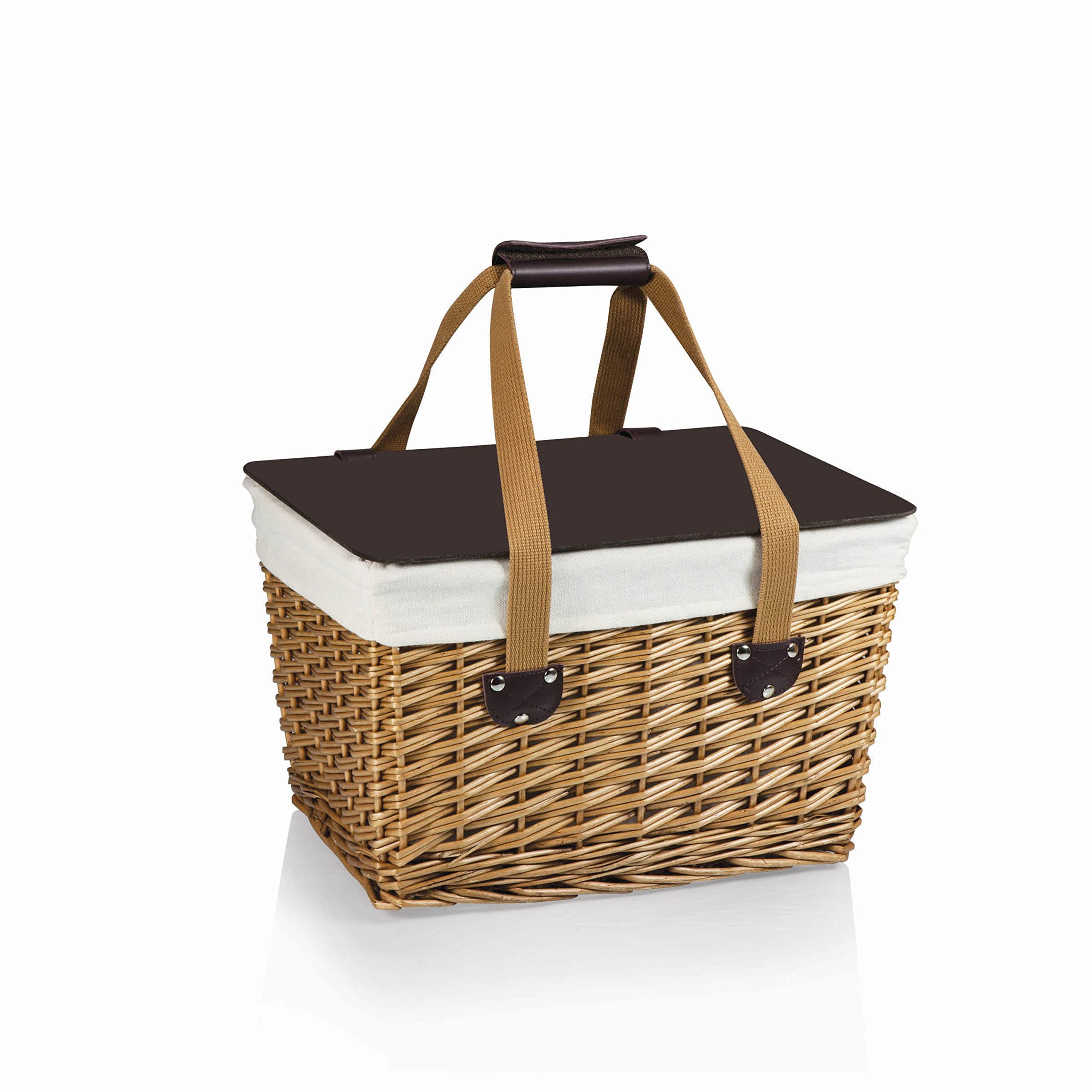 PICNIC TIME Canasta Wicker, Picnic Basket for 2, 16.5 x 11.3 x 9.8, Beige Canvas With Brown Lid