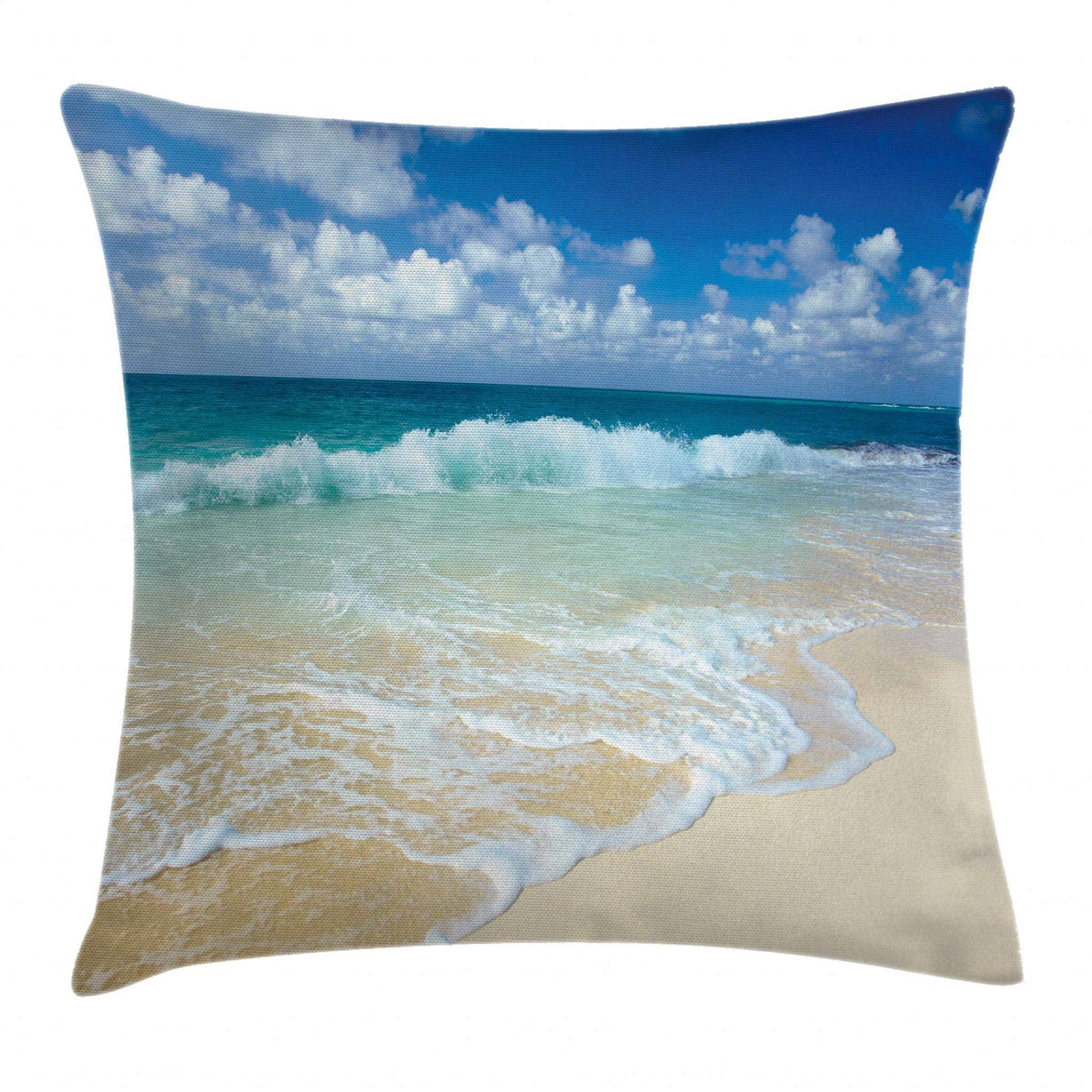 Ambesonne Wave Throw Pillow Cushion Cover, Beach With Foamy Waves On Empty Sea Shore Holiday Theme Serene Coastal, Decorative Sq