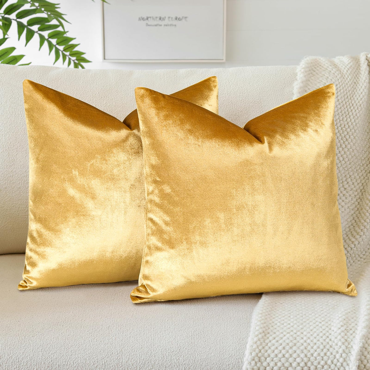 Otostar Decorative Throw Pillow Covers 16 X 16 Inch Soft Velvet Cushion Covers Solid Square Throw Pillow Cases For Couch Bed Home Sofa Car Decor Set Of 2 (Gold)