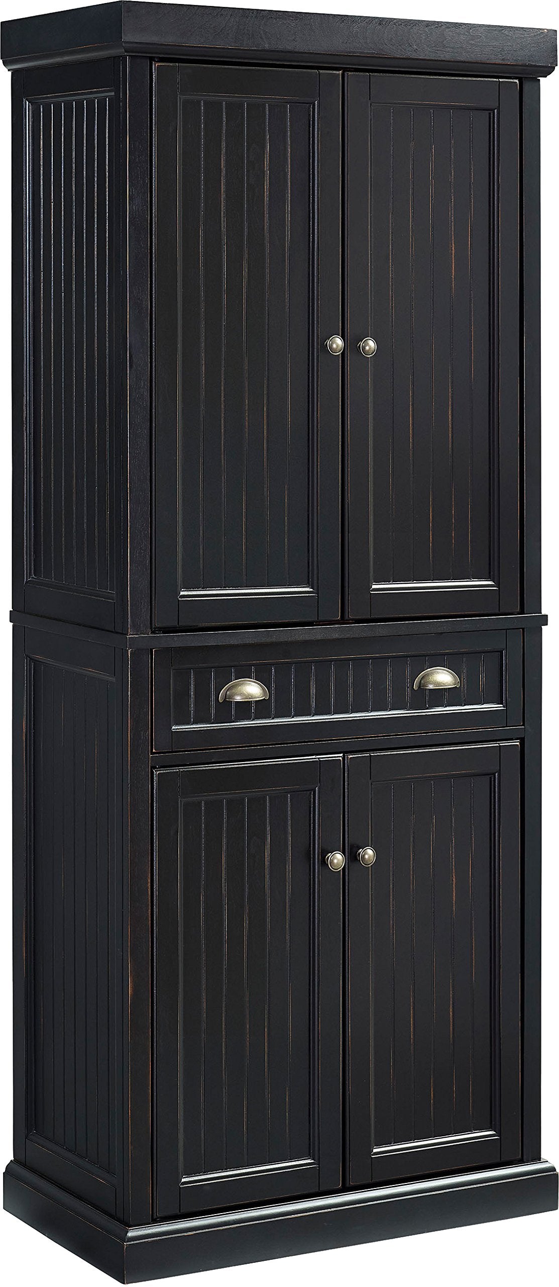 Crosley Furniture Seaside Coastal Pantry Storage Cabinet With Shelves, Kitchen, Dining, Or Laundry Room, Distressed Black