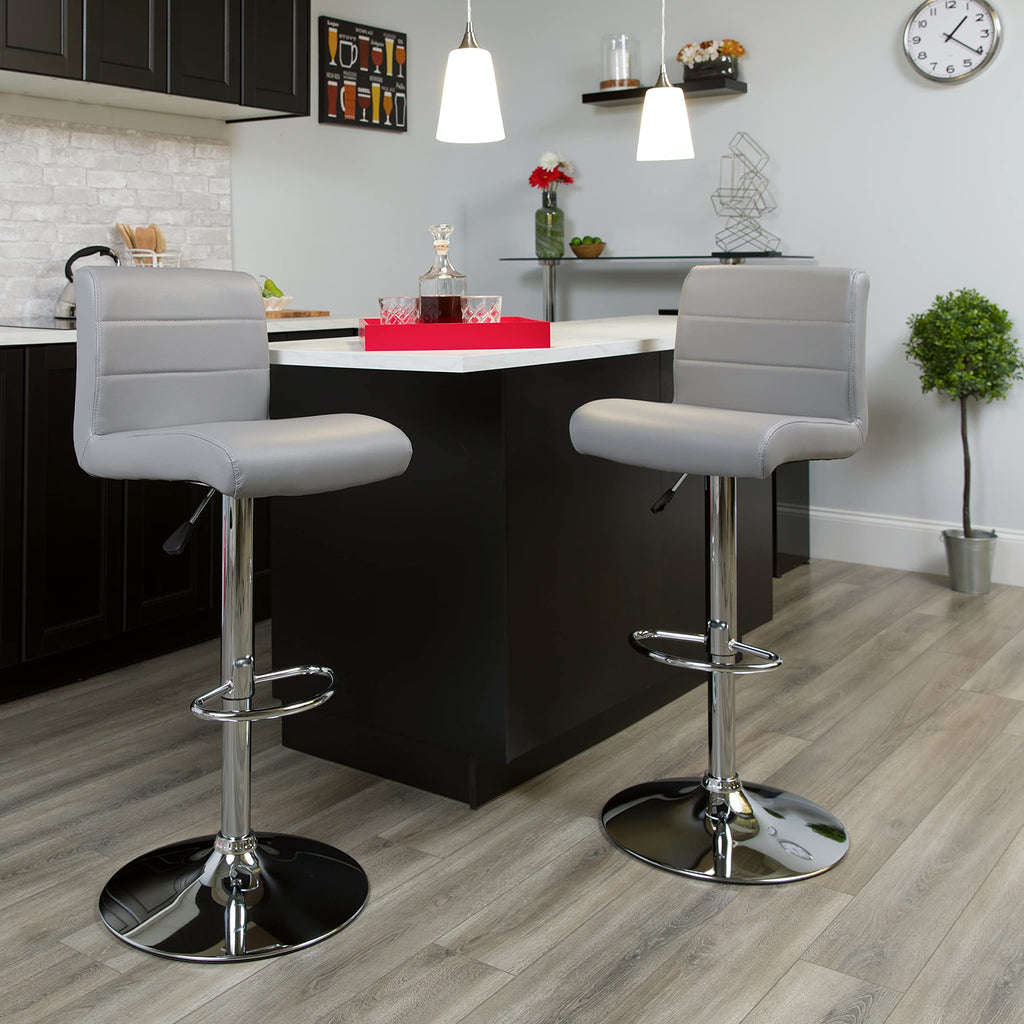 Flash Furniture Contemporary Gray Vinyl Adjustable Height Barstool with Rolled Seat and Chrome Base