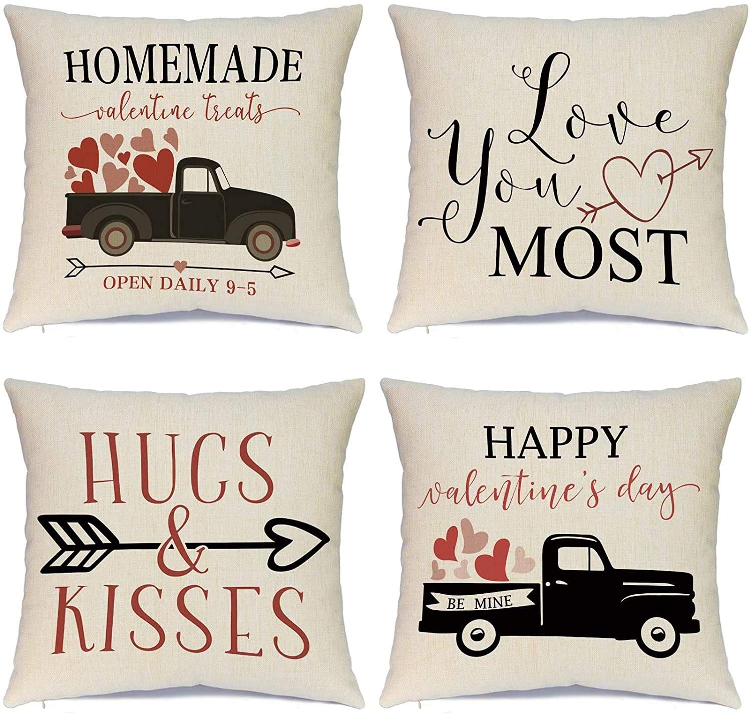 Hlonon Valentines Day Pillow Covers 20 X 20 Inches Set Of 4 - Red Heart Truck Decor And Love Arrow Decor Throw Pillow Covers For