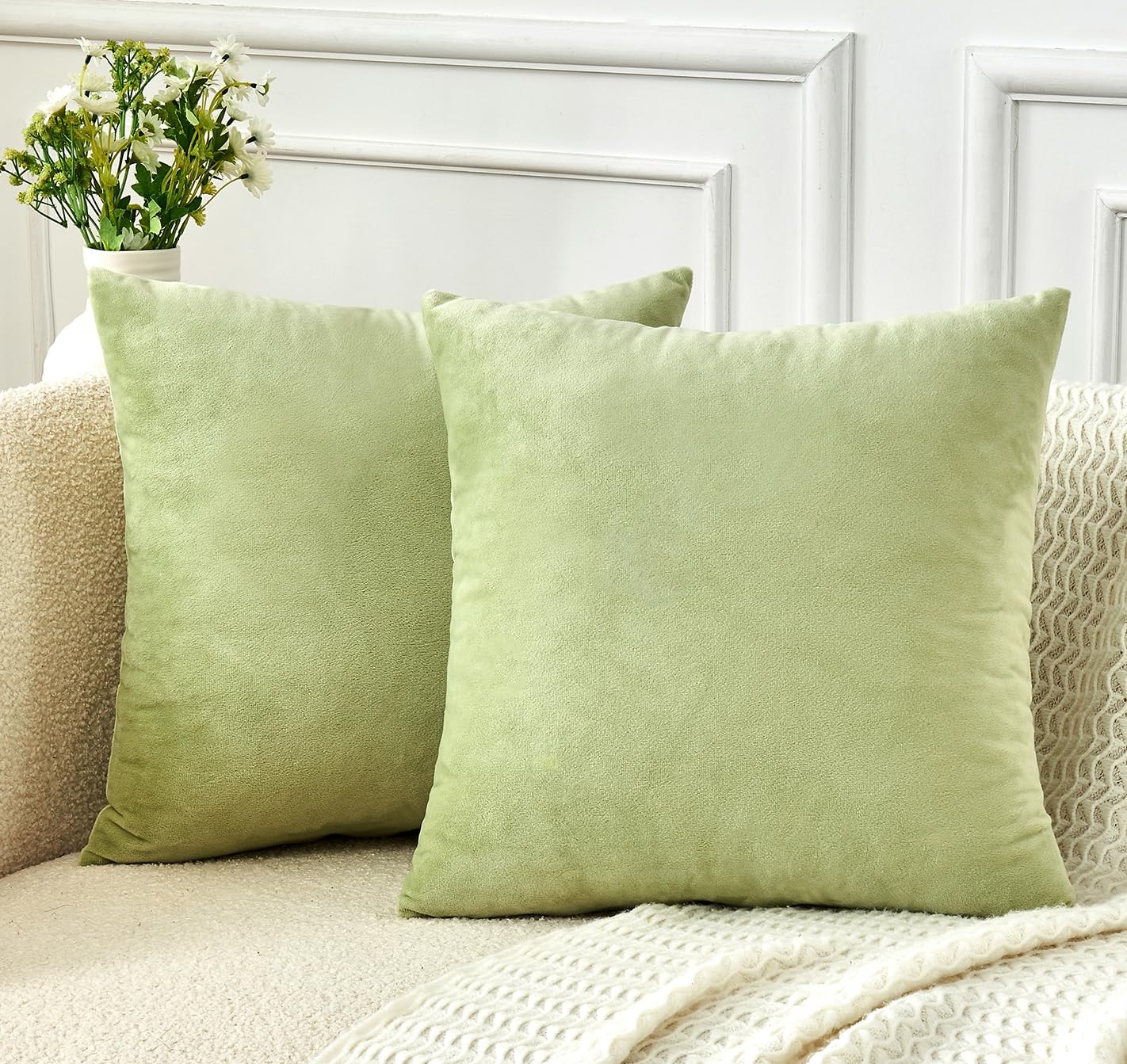 Grineed Throw Pillow Covers Sage Green Set Of 2 18X18 Inch Pillow Covers, Soft Velvet Decorative Pillowcases For Couch Sofa Bed,