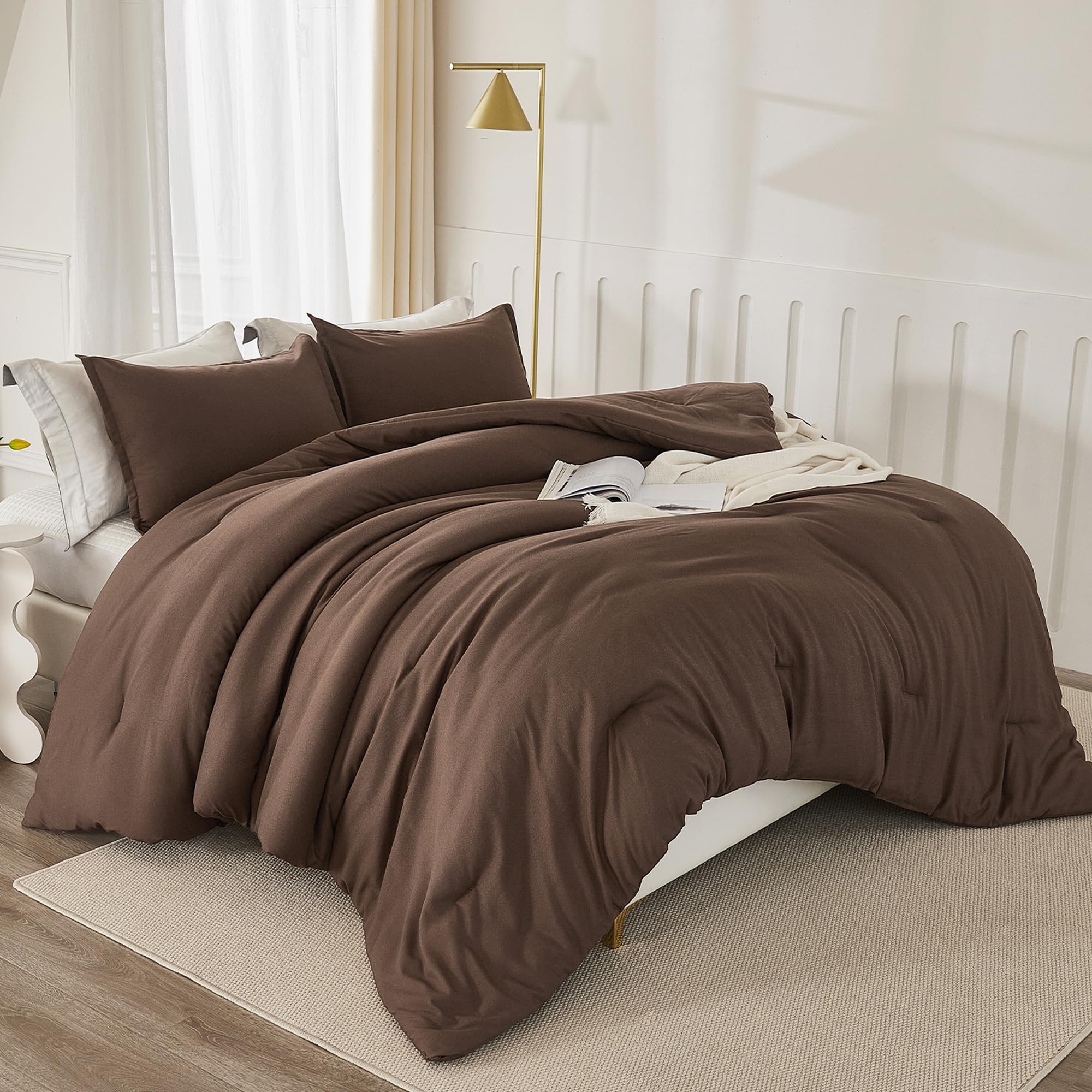 Litanika Brown Comforter Set King Size, 3 Pieces Lightweight Solid Bedding Comforter Set, All Season Fluffy Bed Set (104X90In Co