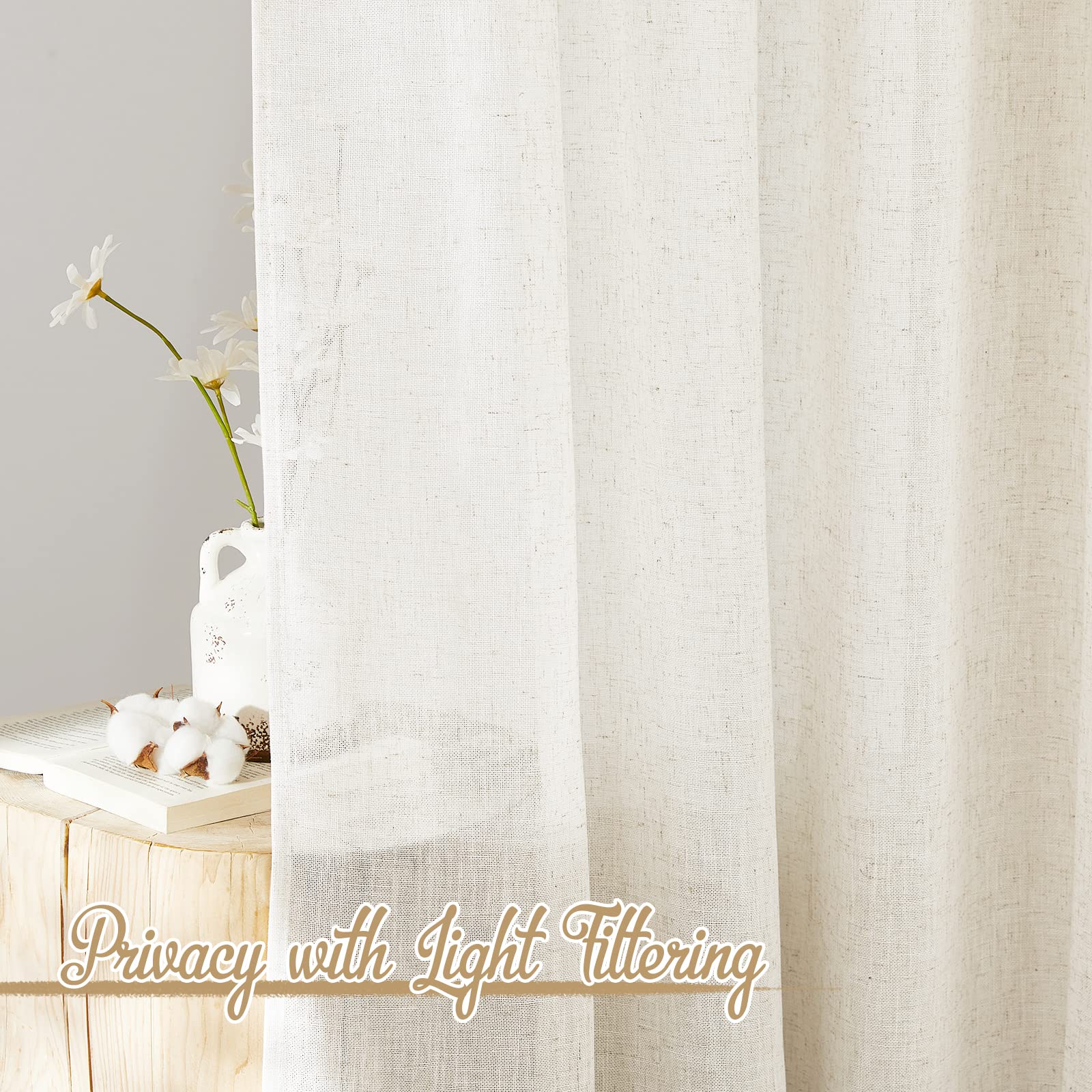 Nicetown Linen Curtains 45 Inch Length For Kitchen, Rod Pocket & Back Tab Semi Sheer Flax Linen Window Treatments Privacy With Light Filtering For Bedroom, Natural, W29 X L45, 2 Pieces