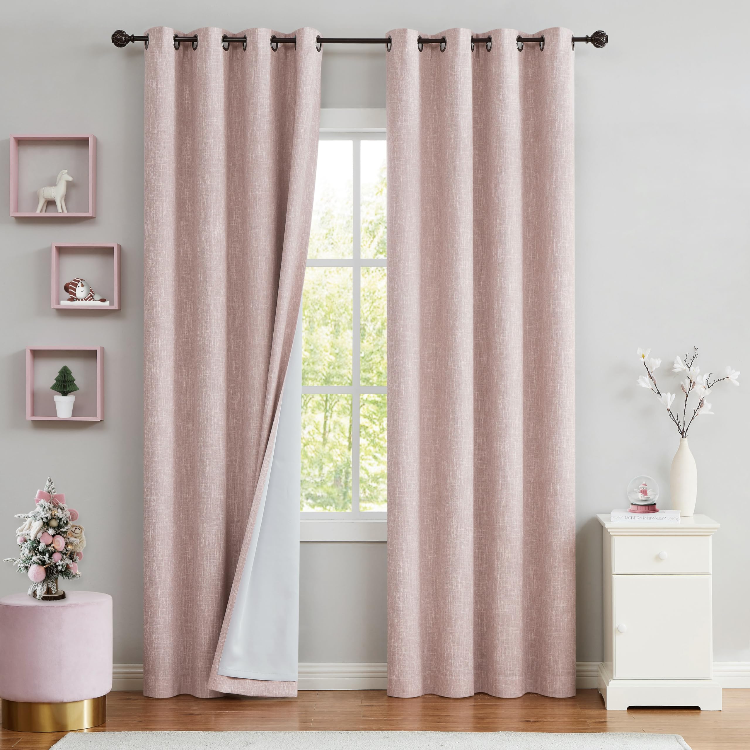 Pink Full Blackout Curtain Panel 95 Inches Long With Grommets Heavy Linen Texture Thermal Insulated Noise Reduction Window Treat