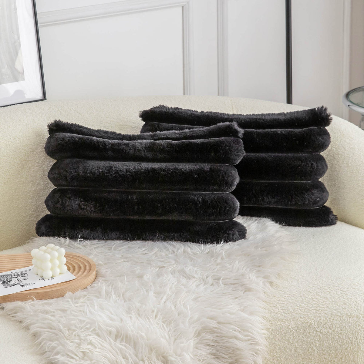 Neelvin Black Faux Fur Cozy Soft Striped Decorative Throw Pillow Covers 12X20 Inch Set Of 2,Velvet Pillowcase Cushion Case For S