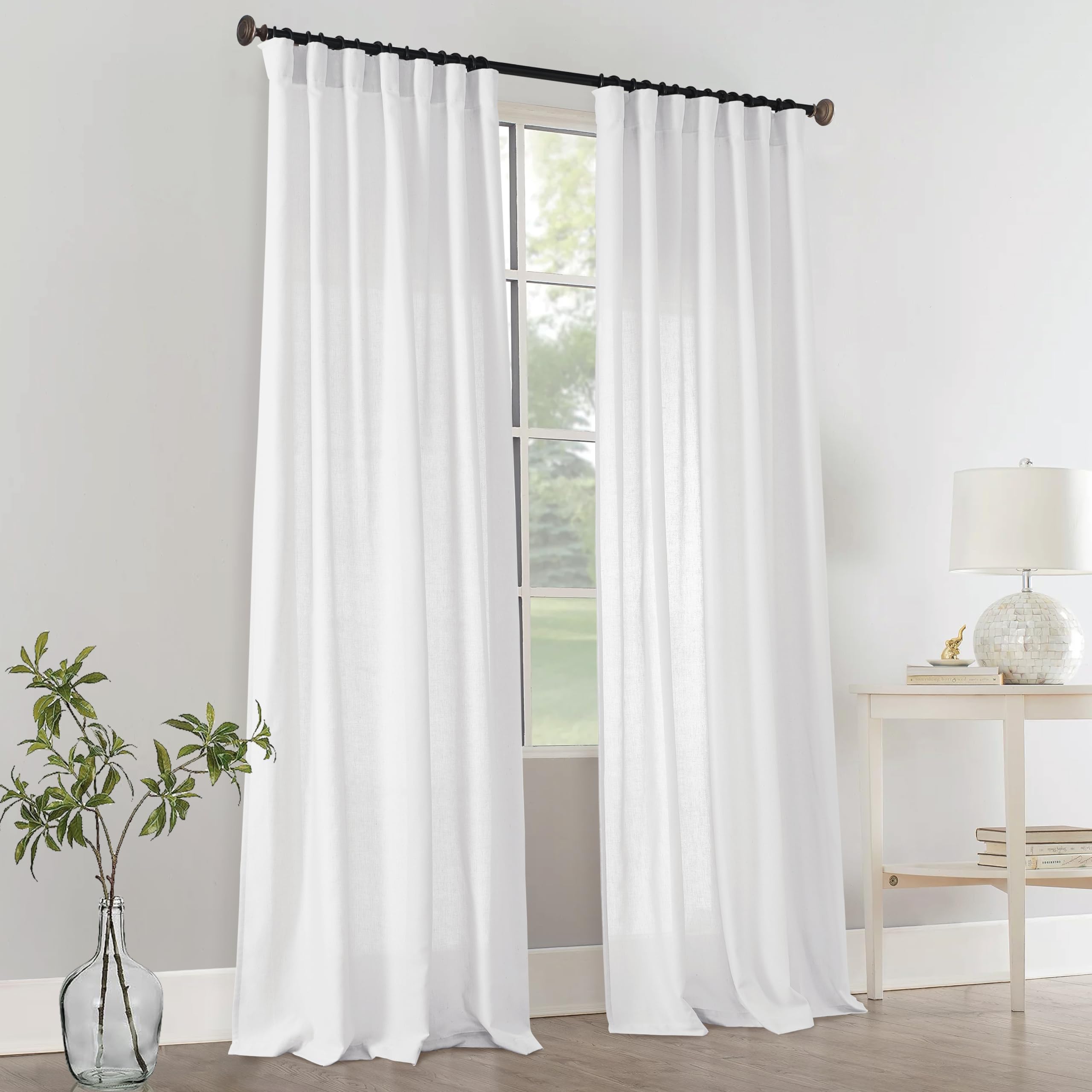 Panelsburg White Linen Curtains 102 Inches Long For Living Room,Back Tab Pleated Cotton Linen Blend Light Filtering Curtains Dra