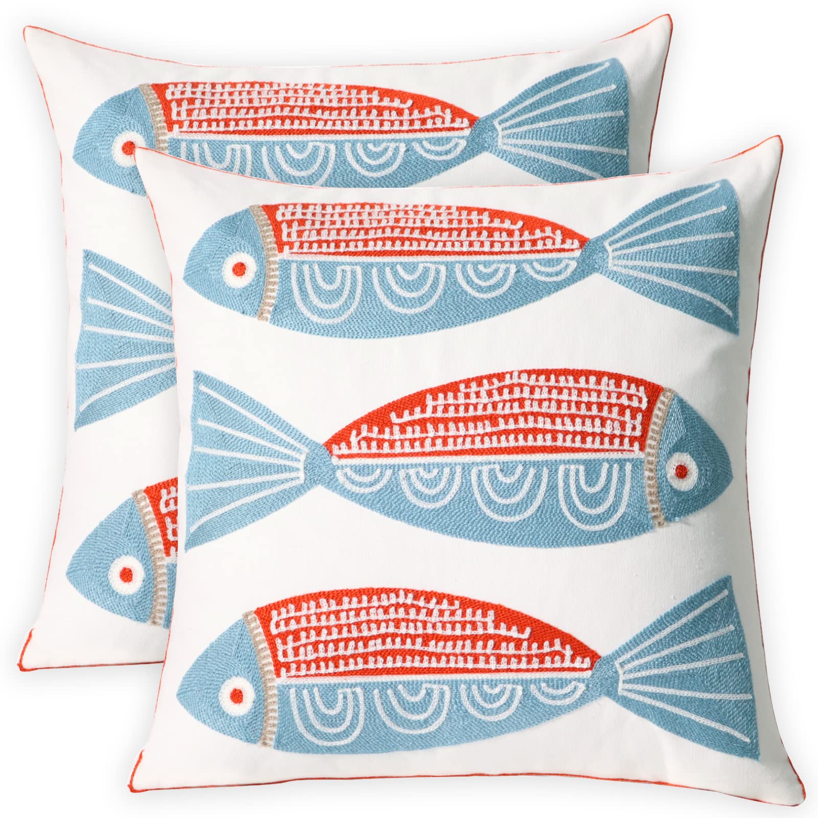 Unionkk 2 Pcs Embroidered Throw Pillow Cover Cotton Decorative Square Cushion Cases For Home Sofa Bed And Chair 18 X 18 Inch (Re