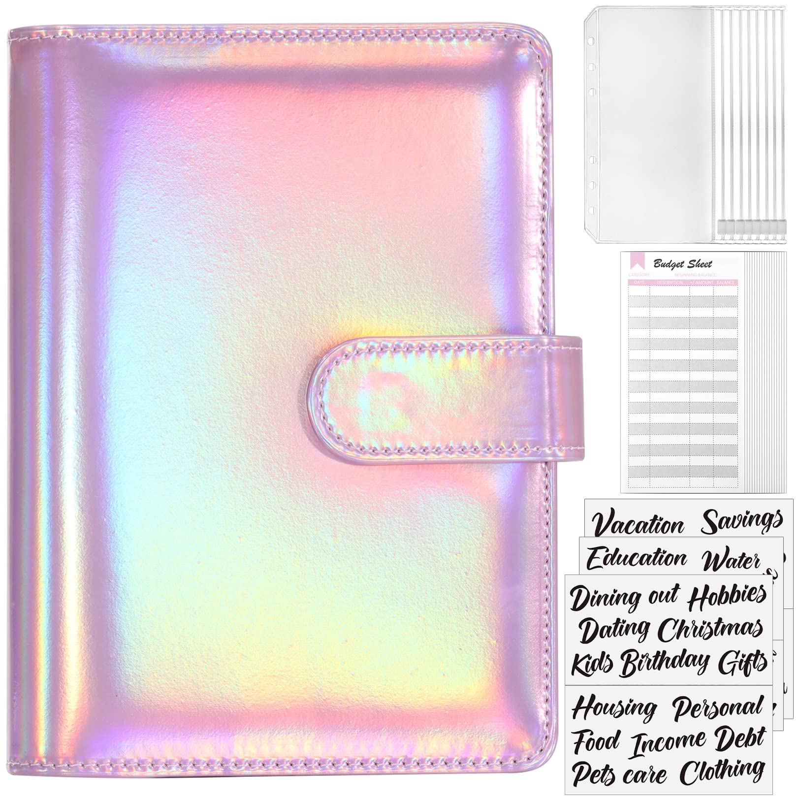 Sooez Laser Pink Money Organizer For Cash, A6 Budget Binder With Cash Envelopes, 39 Black Bold Sticky Labels & 24 Colorful Budge
