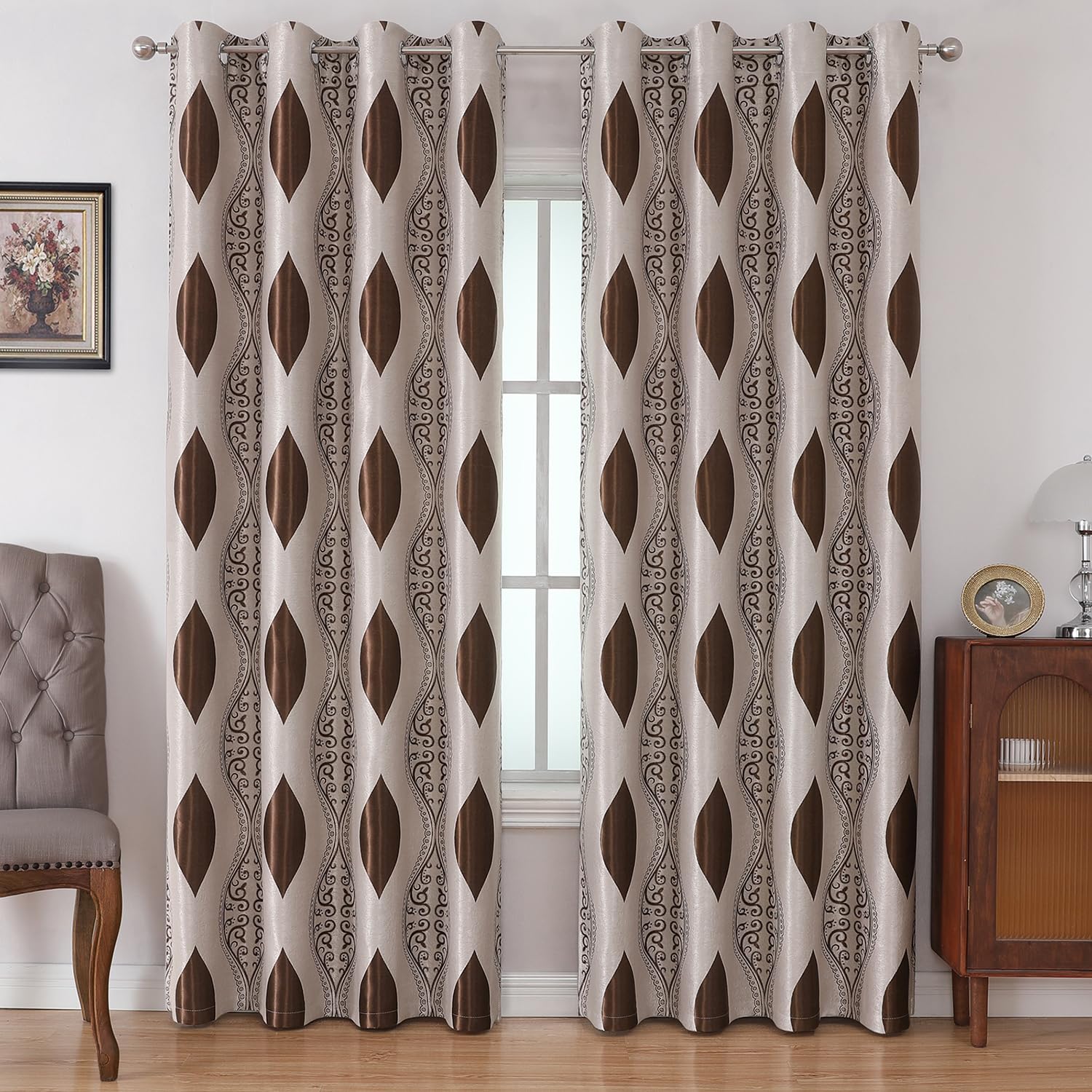 Homeideas Brown And Beige Curtains For Living Room, Wave Room Darkening Curtains 84 Inches Long 2 Panels Set, Jacquard Window Gr