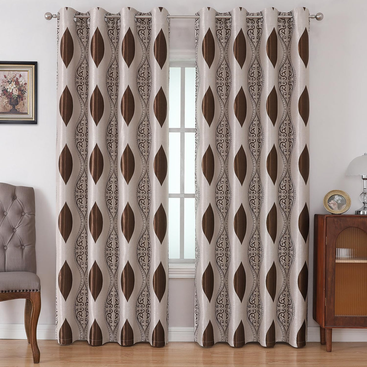 Homeideas Brown And Beige Curtains For Living Room, Wave Room Darkening Curtains 96 Inches Long 2 Panels Set, Jacquard Window Gr
