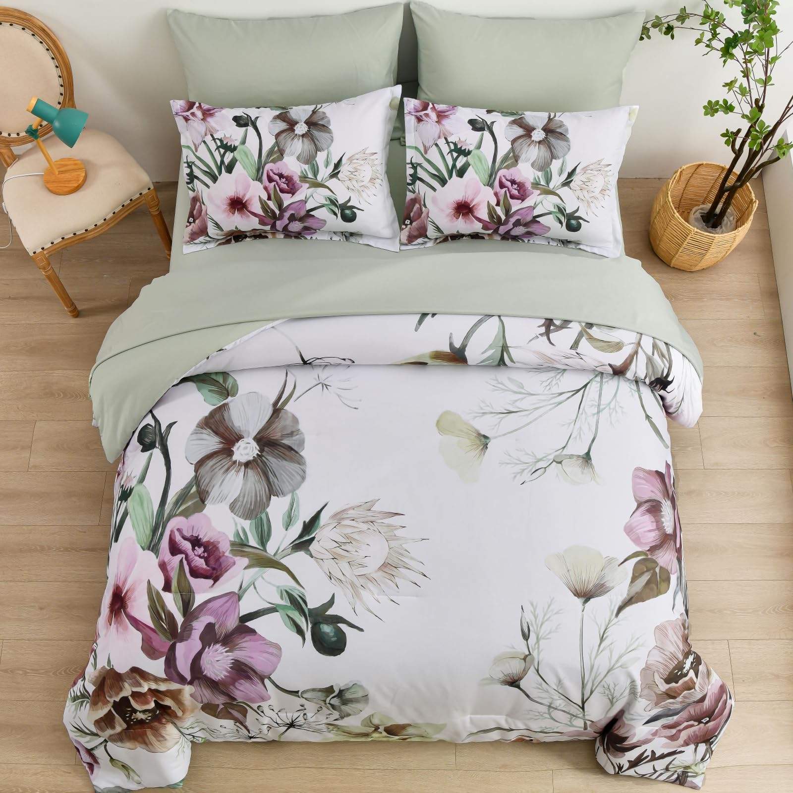 Luxudecor Floral Comforter Set Full Size 7 Piece, Green Flower Bed In A Bag, Elegant Floral Comforter With Sheet Set, Soft Micro