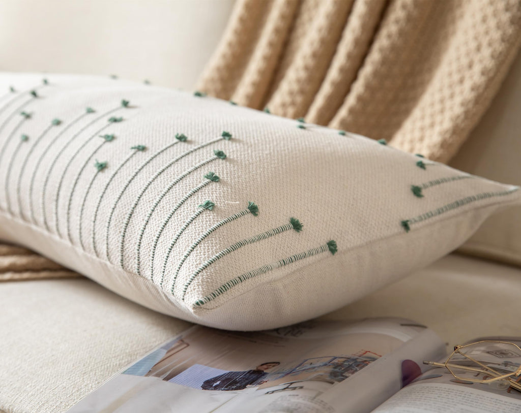 Boho Lumbar Pillow Cover 14X36 Long Pack Of 1 Decorative Pillows Bed, Beige With Green Body Throw Pillow Covers, For Modern Farm
