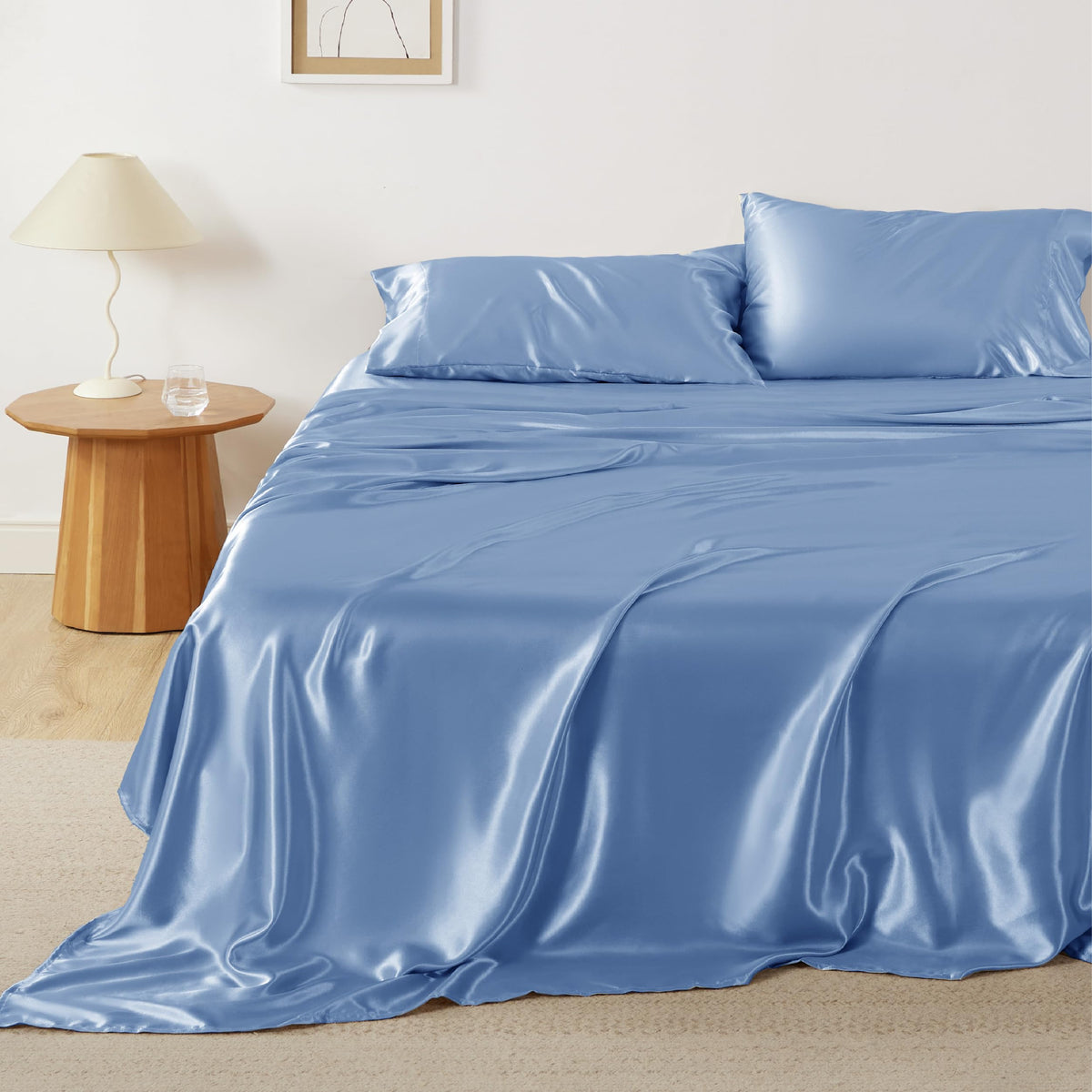 Bedsure Satin Sheets King - Similar To Silk Sheets, Silky Bedsheet, Luxury & Ultra Soft, Non-Fading & Wrinkle Free, Good For Hair & Skin, Gifts For Women, 4 Pieces, Sky Blue