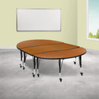 Flash Furniture Emmy 3 Piece Mobile 86" Oval Wave Flexible Oak Thermal Laminate Activity Table Set - Height Adjustable Short Legs