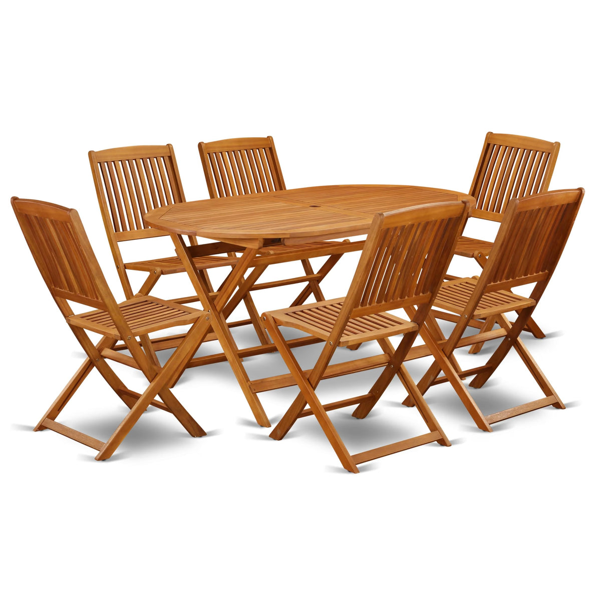 East West Furniture DICM7CWNA Diboll 7 Piece Patio Dining Set Consist of an Oval Outdoor Acacia Wood Table and 6 Folding Side Chairs, 36x60 Inch, Natural Oil