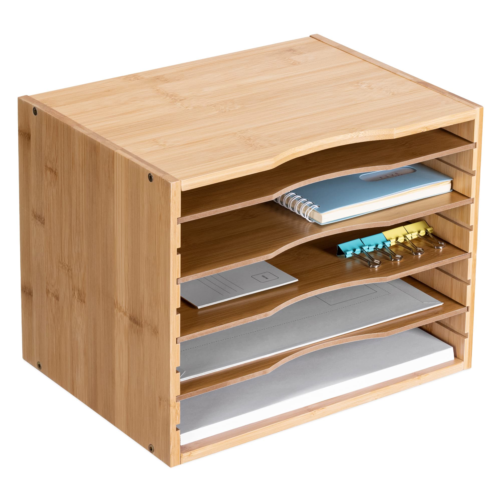 Navaris Bamboo Desk File Organizer - Paper Tray Letter Storage With 4 Adjustable Shelves - Desktop Inbox Trays - 13' Wide X 9.6