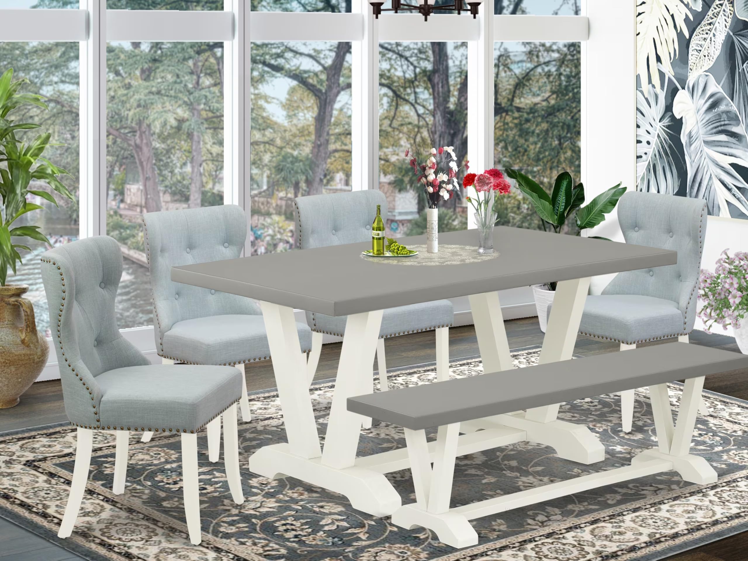 East West Furniture V096Si215-6 6 Piece Dining Table Set Contains A Rectangle Dining Room Table And 4 Baby Blue Linen Fabric Parson Chairs With A Bench, 36X60 Inch, Multi-Color