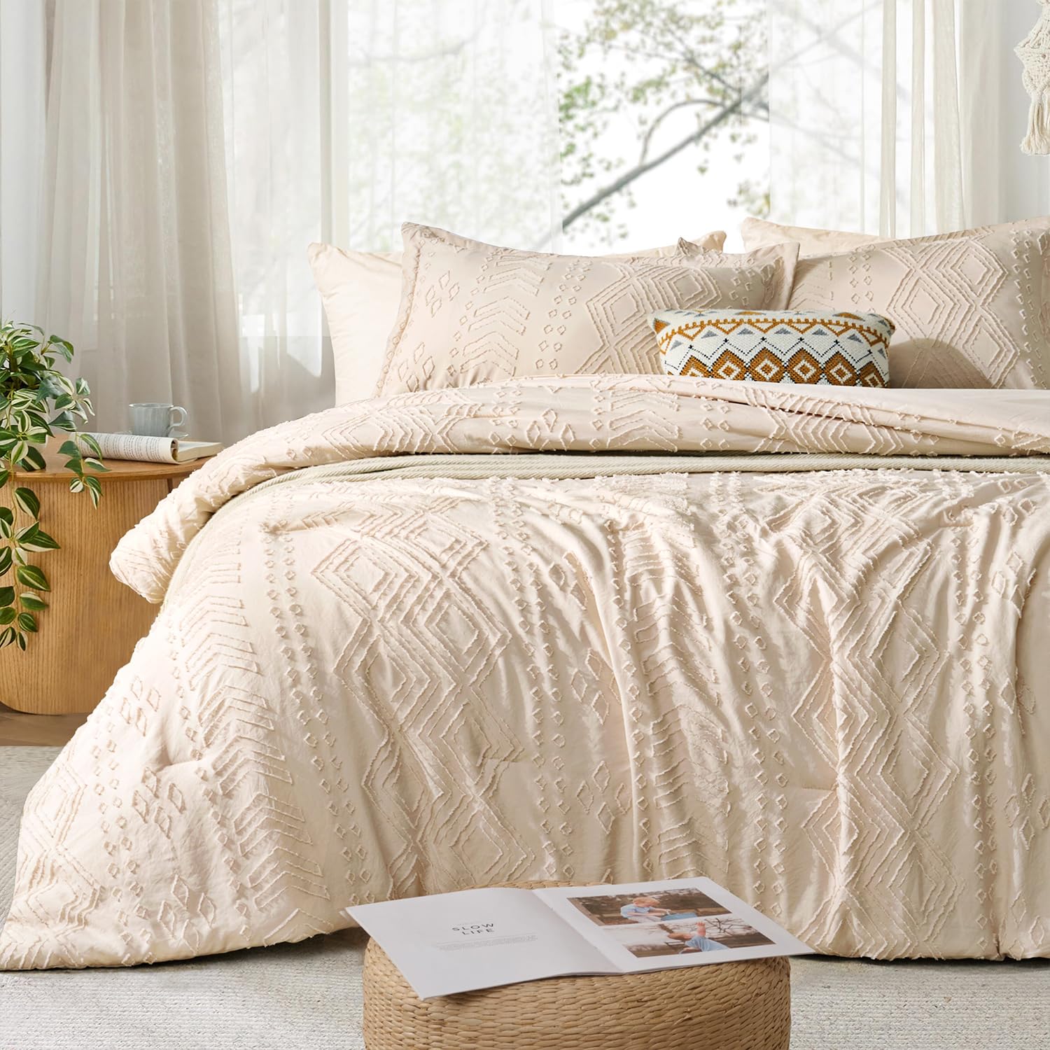 Jameswish 7 Pieces Tufted Boho Comforter Set Khaki Farmhouse Shabby Chic Embroidered Bedding For All Seasons King Size With Comf