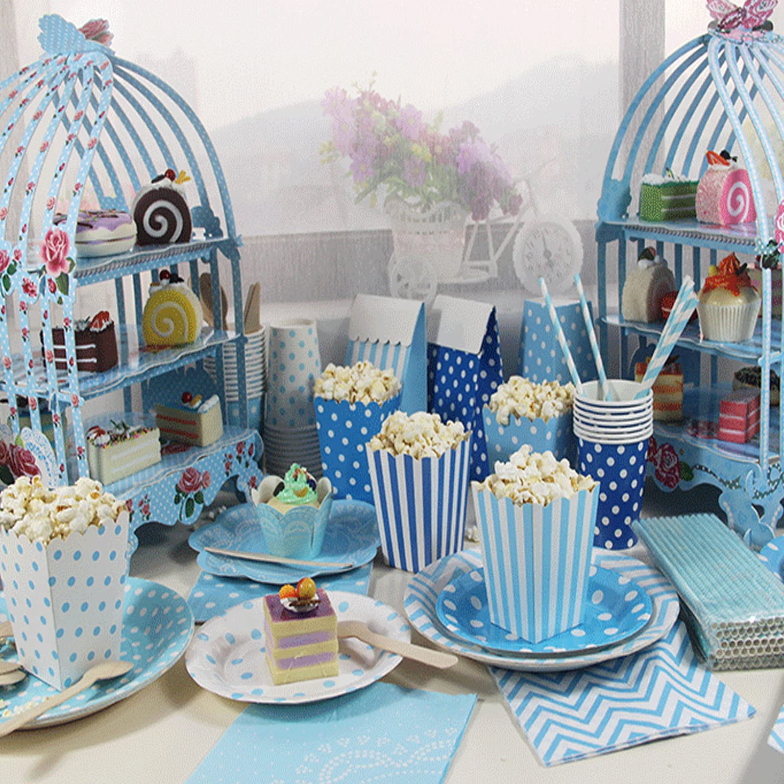 Binaryabc Popcorn Boxes,Stripe Pattern Decorative Dinnerware For Party,12 X 7Cm,24Pcs (Blue)