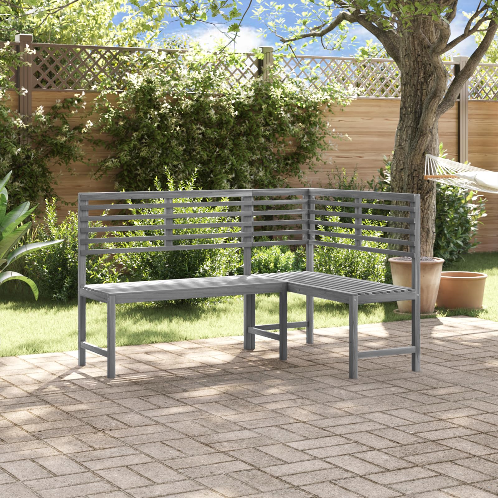 vidaXL Patio Corner Bench, Outdoor Wooden Bench for Garden Park Potting Picnic, Solid Acacia Wood, Easy Assembly, 39.4" x 55.1" x 35.8" Grey