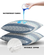 Outdoor Waterproof Throw Pillow Covers Set Of 2 Blue Boho Stripe Tribal Vingtage Lumbar Pillowcases 18X18 Inches Bohemian Style