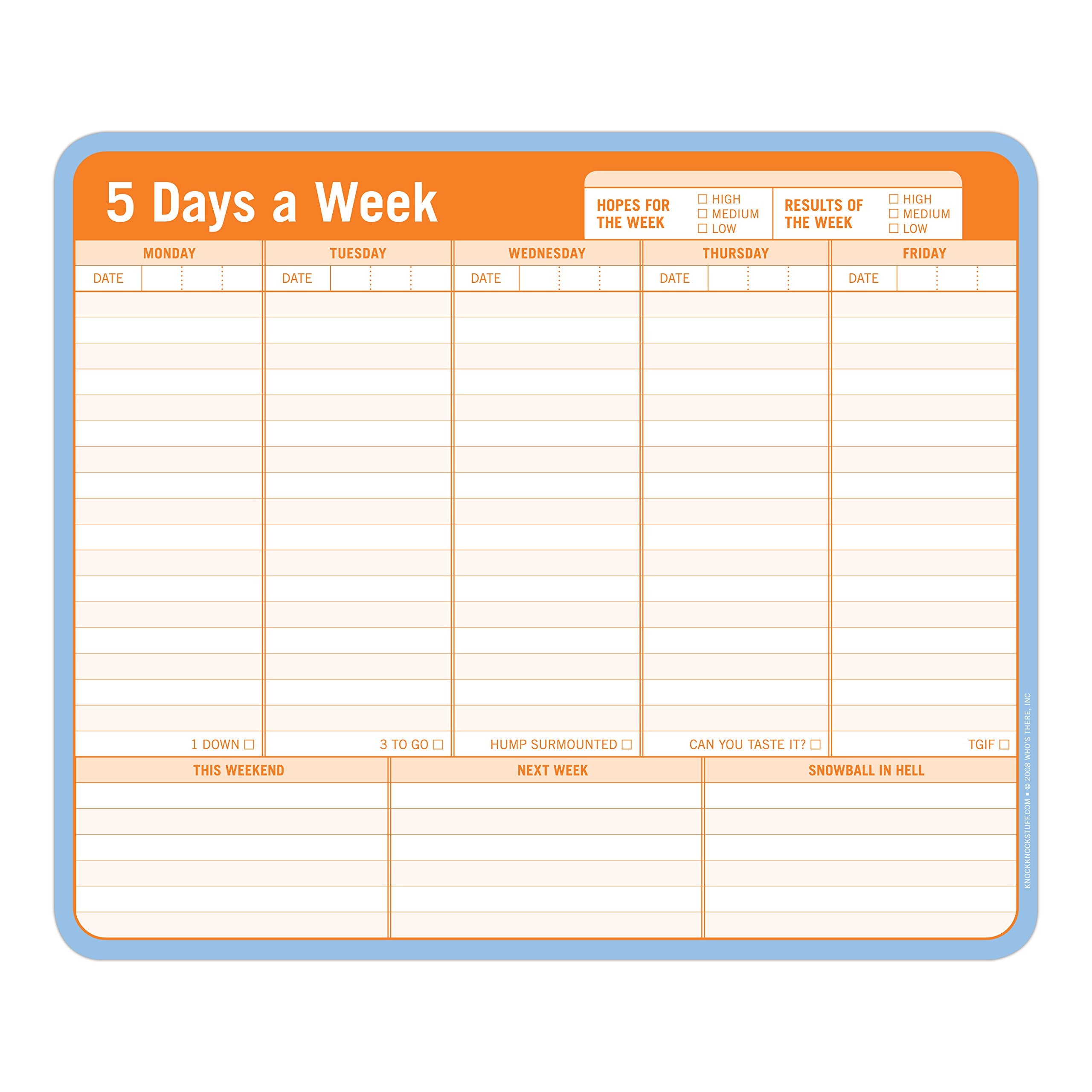 Knock Knock 5 Days A Week Paper Mouse Pad, Weekly Calendar Pad Tear Off & Daily To Do List Pad, 9.5 X 8-Inches