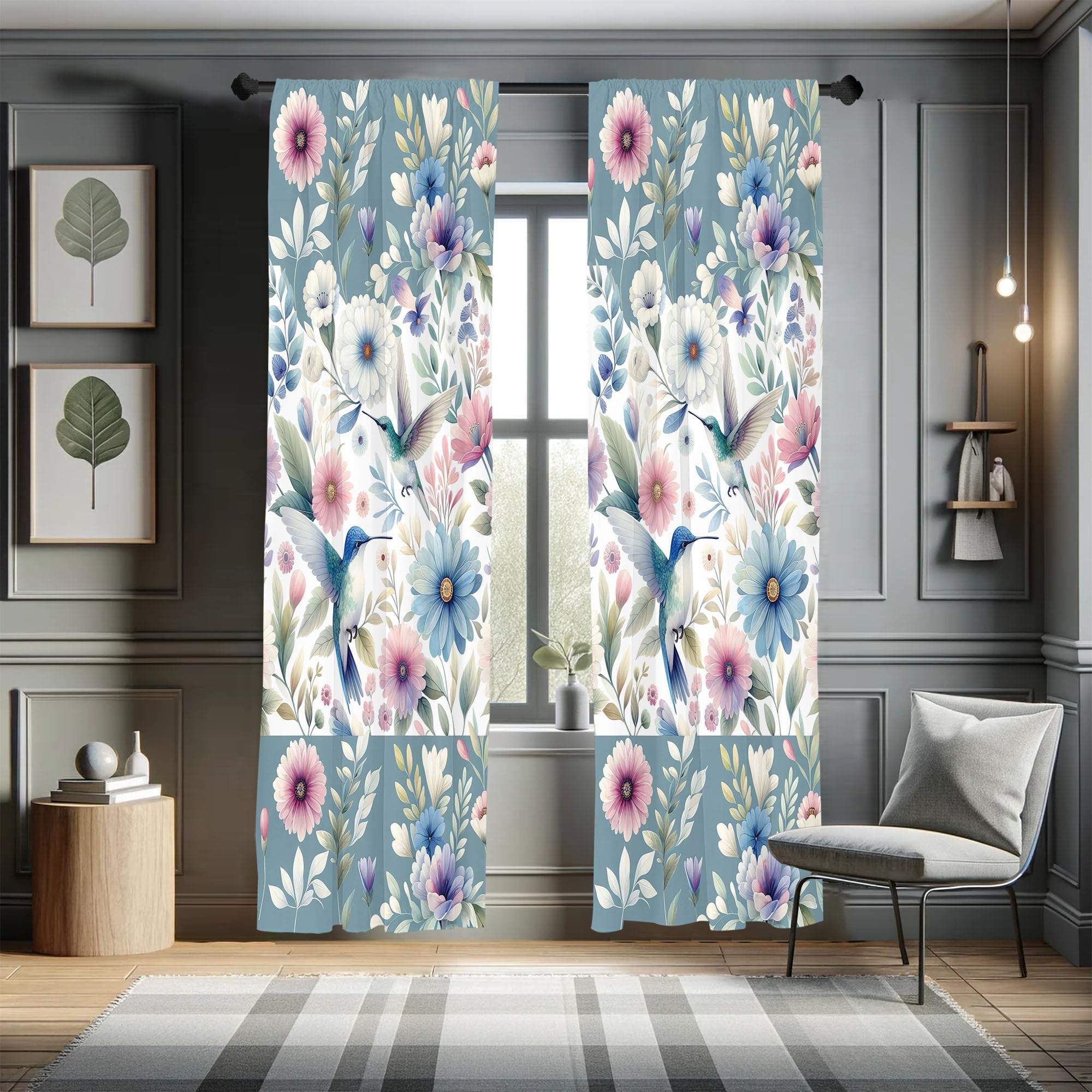 Ambesonne Birds And Nature Curtains, Springtime Feel Leafy Floral Pattern With Hummingbirds Modern, Window Treatments 2 Panel Se