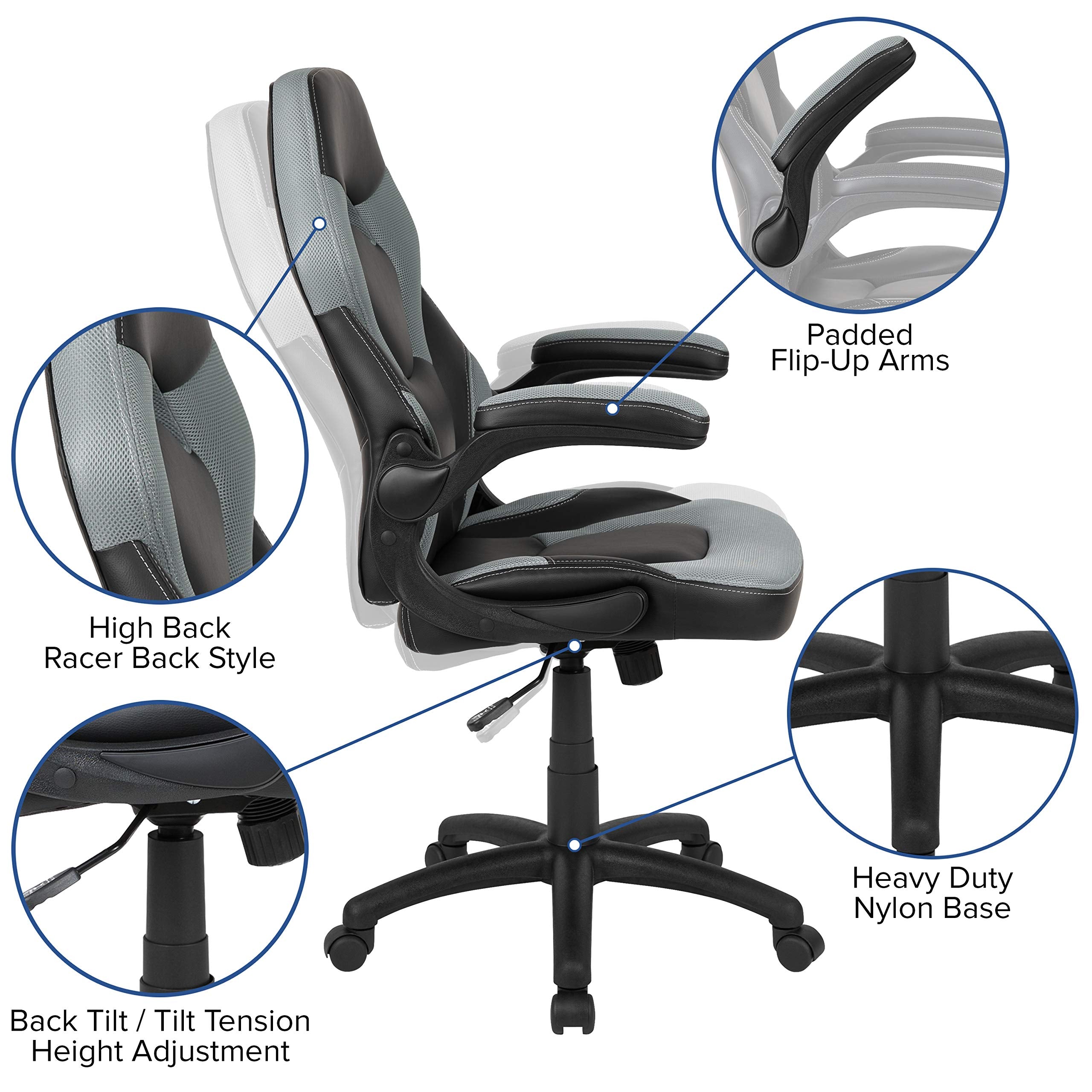 Flash Furniture X10 High-Back Leathersoft Racing Style Gaming Chair With Flip-Up Arms, Ergonomic Padded Swivel Computer Chair, Gray/Black