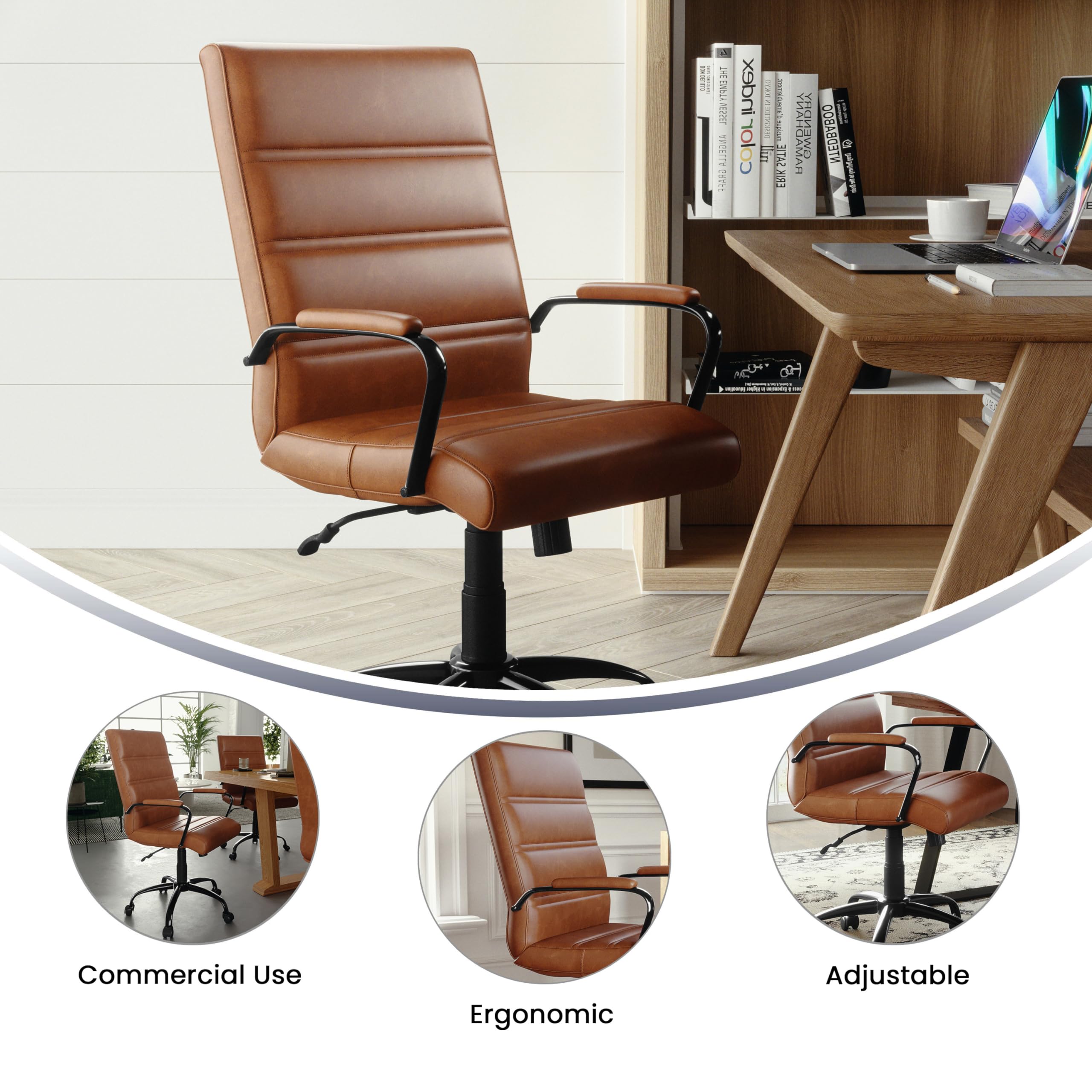 Flash Furniture Whitney Mid-Back Swivel Leather Desk Chair with Padded Seat and Armrests, Adjustable Height Padded Leather Office Chair, Brown/Black