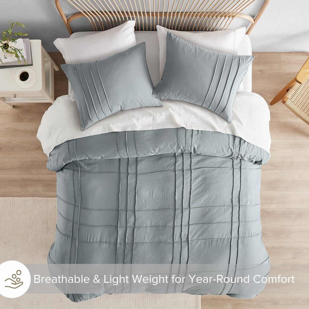 Comfort Spaces Blue/Grey King Size Duvet Cover Set - 3 Pieces Pintuck Pleated Duvet Cover King, All Season Lightweight, Extra Softness Pre-Washed Microfiber King Bedding Cover Shams, King