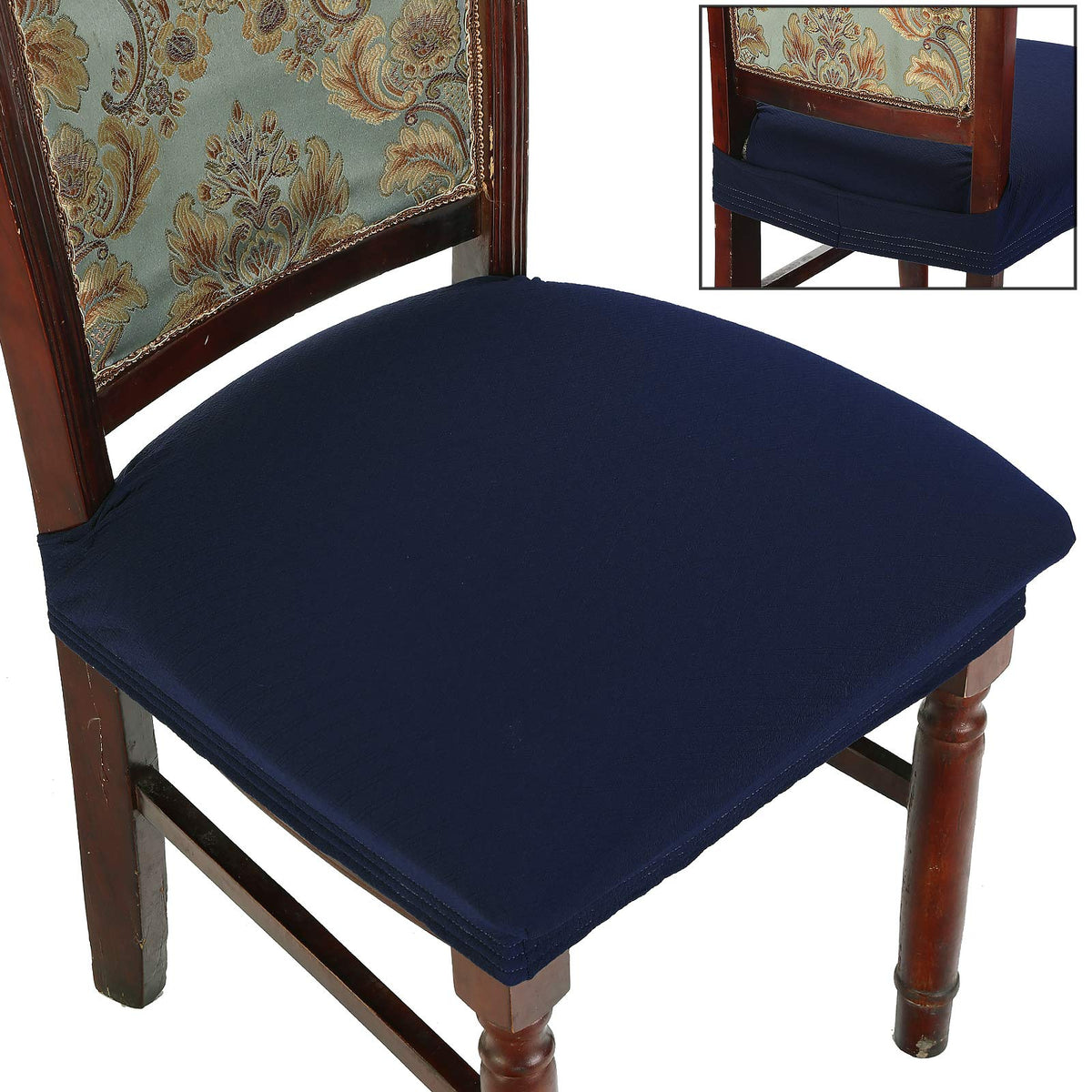 Buyue Luxury Dining Room Chair Covers Set Of 6, Easy Installation Stretchy Jacquard Armless Kitchen Chair Seat Protectors, Rear Covered- Navy Blue- 6