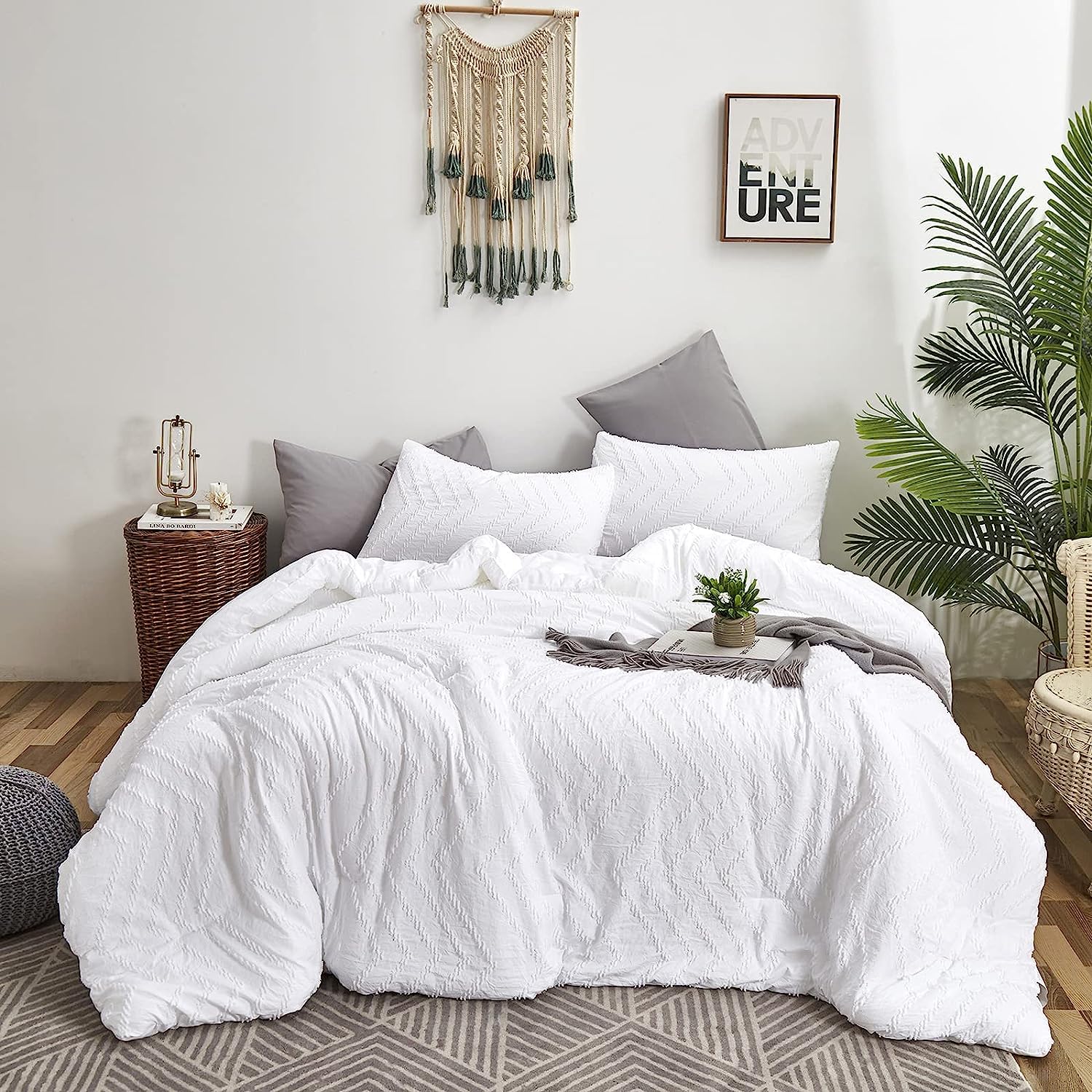 Houseri Full Size Comforter Set White Boho Tufted Bedding For Teen Girls Plain White Jacquard Farmhouse Bedding Comforter Sets F