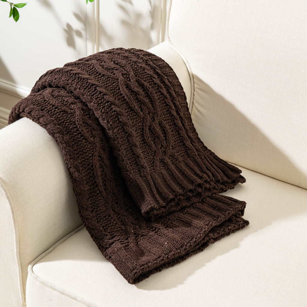 Battilo Dark Brown Throw Blanket For Couch, 51''X67'' Soft Chenille Knit Throw Blanket, Decorative Chocolate Brown Blanket For B