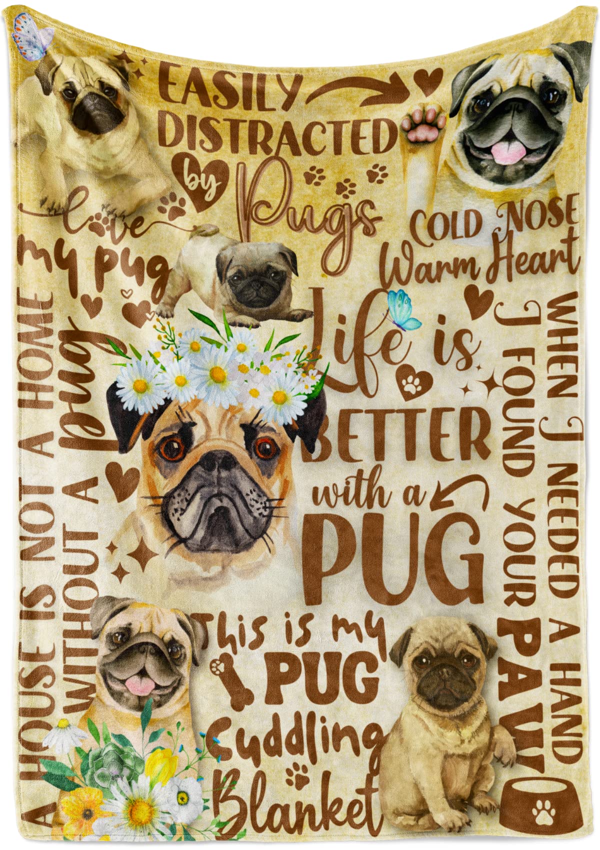 Pug Gifts For Pug Lovers, Pug Flannel Blanket For Pug Lovers, Soft Throw Blanket 50'X 65'
